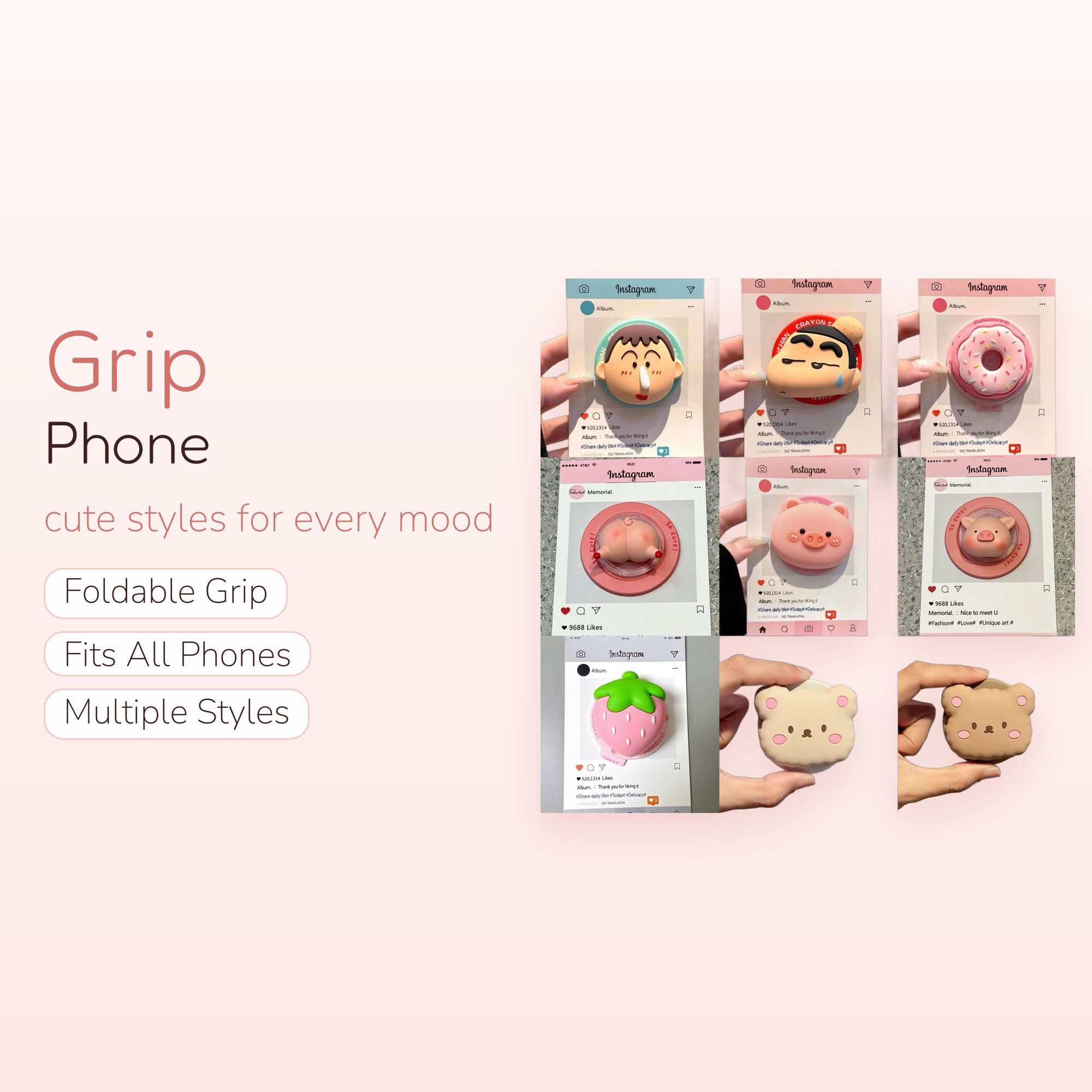 Assorted Kawaii Character & Food Phone Grips | Cute Silicone Pop Socket Stands