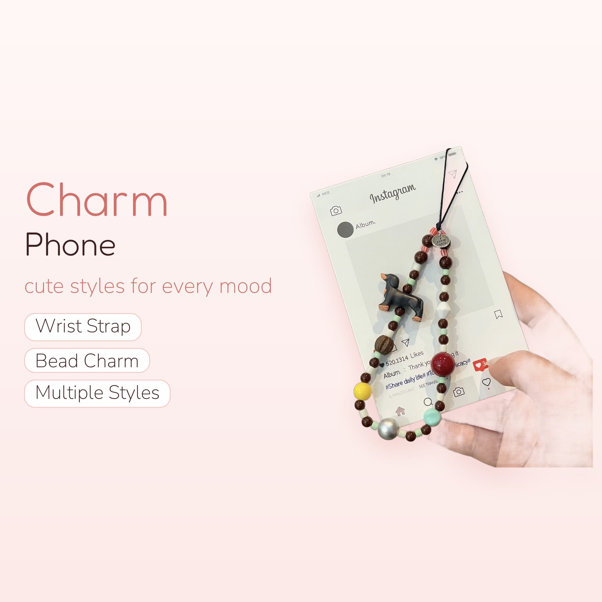 Cute Dachshund & Beaded Phone Charm Strap | Aesthetic Brown & Pastel Wrist Lanyard