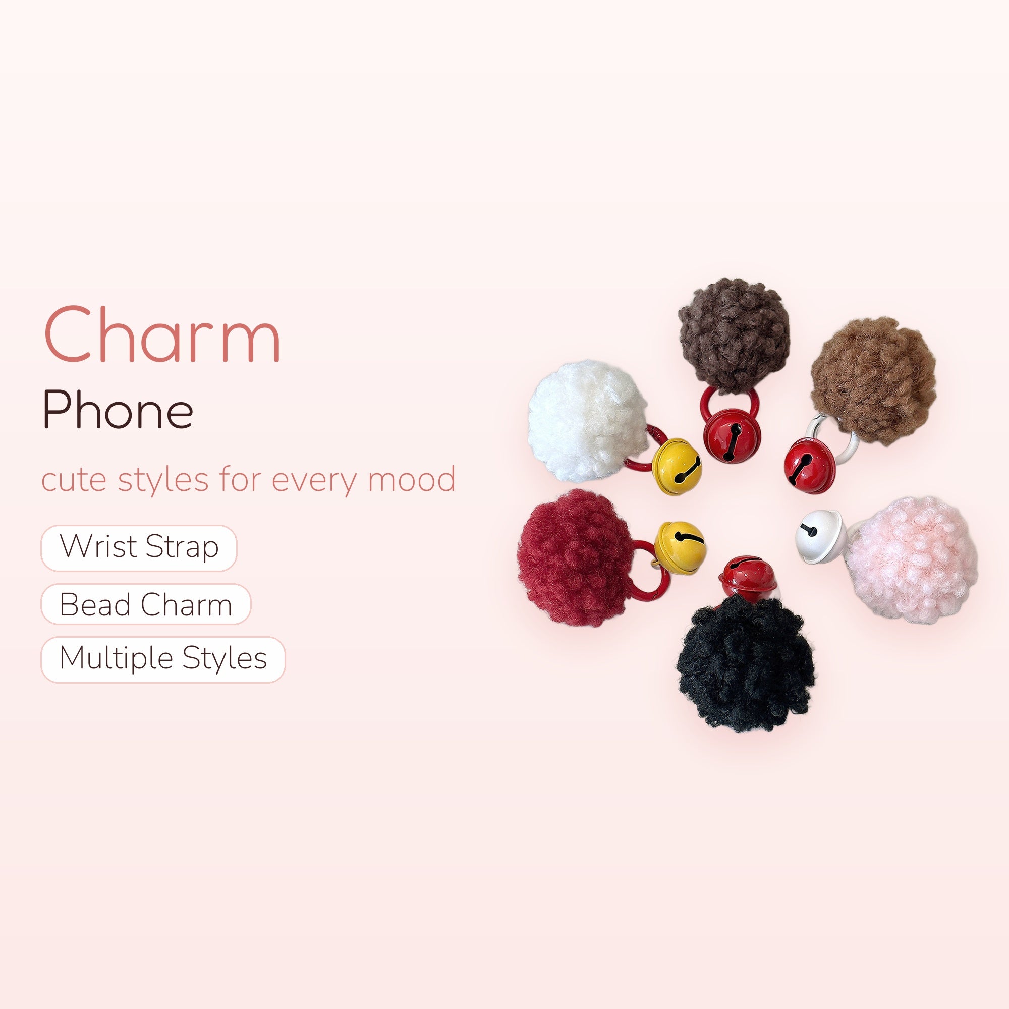 Fluffy Pom Pom Bell Phone Charm | Cute Colorful Fuzzy Ball Keychains