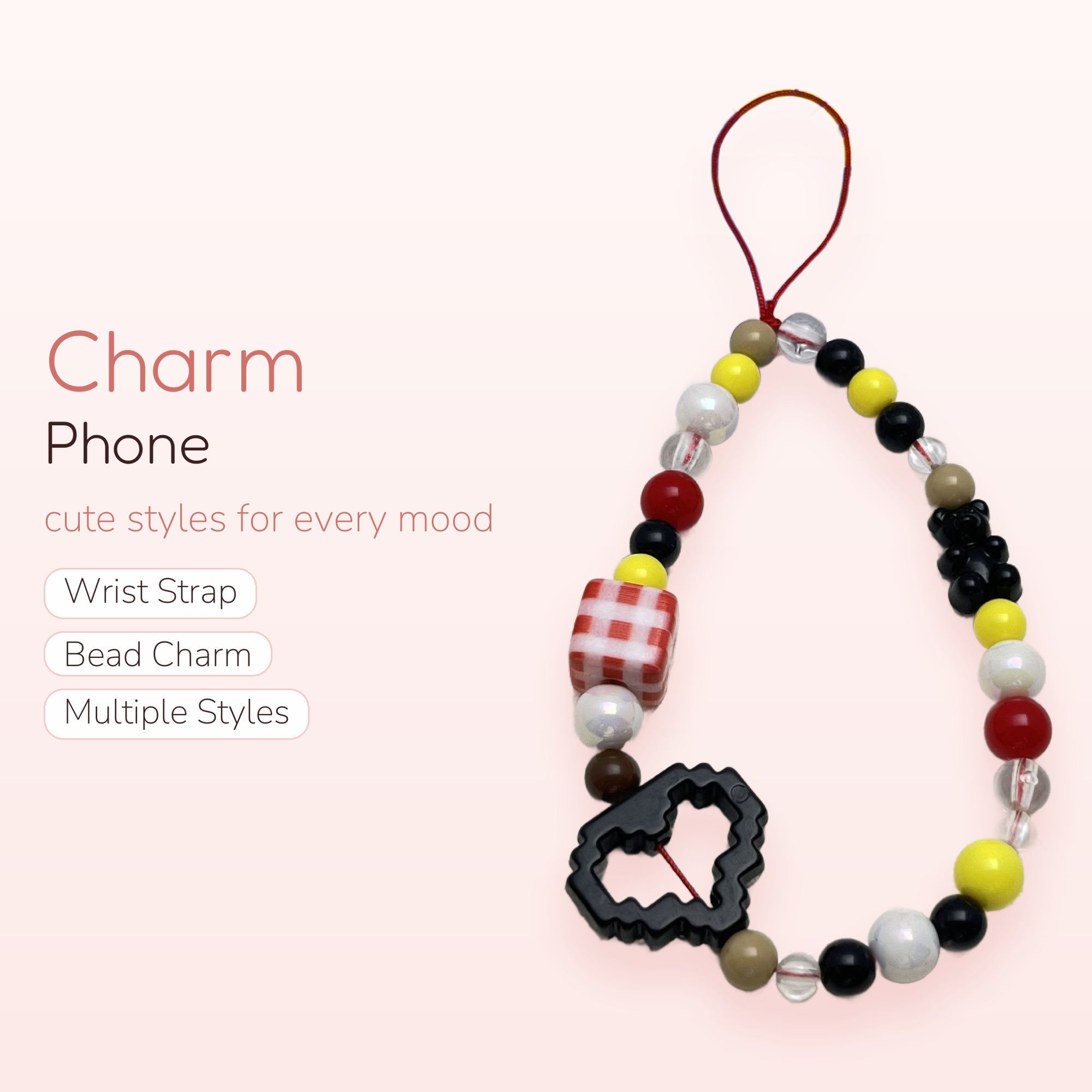 Colorful Beaded Phone Charm Strap | Gingham Cube & Gummy Bear Wrist Lanyard