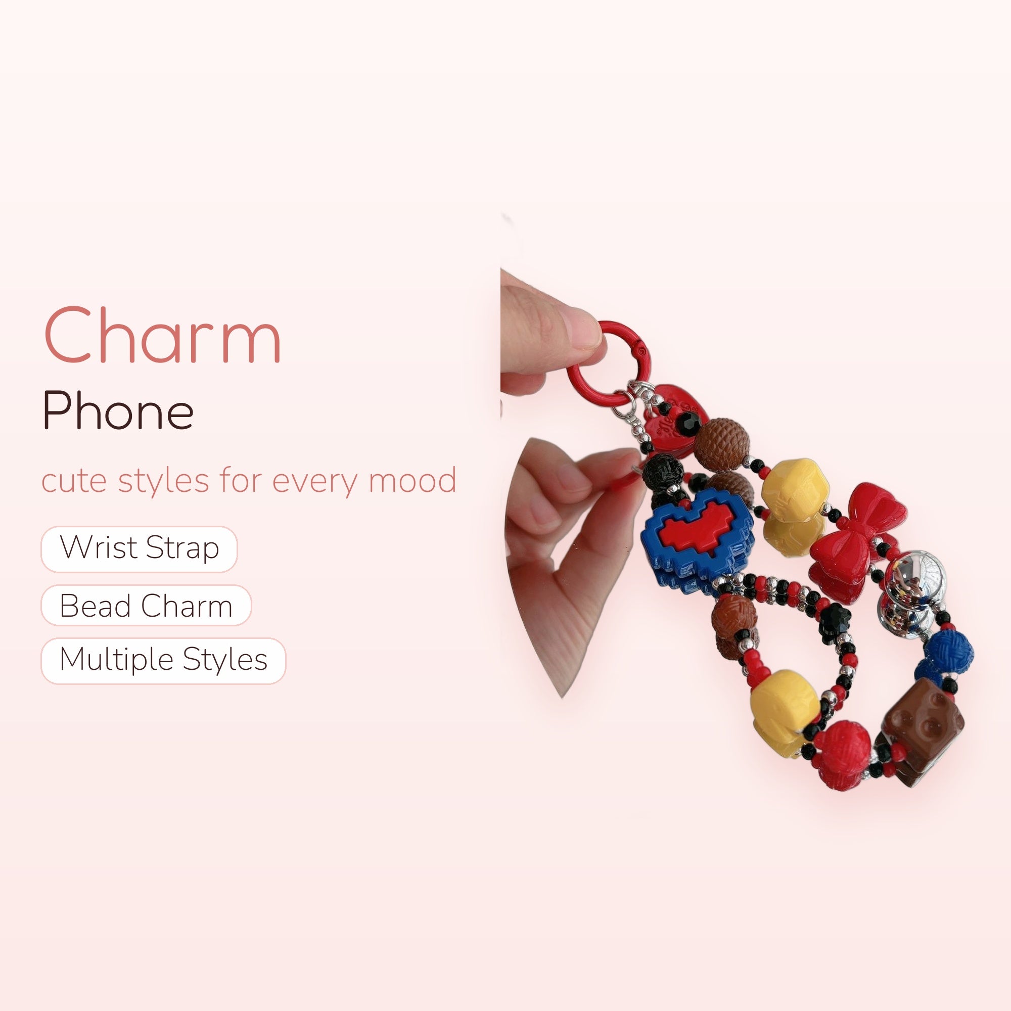Retro Pixel Heart & Bow Phone Charm | Colorful Beaded Wrist Strap
