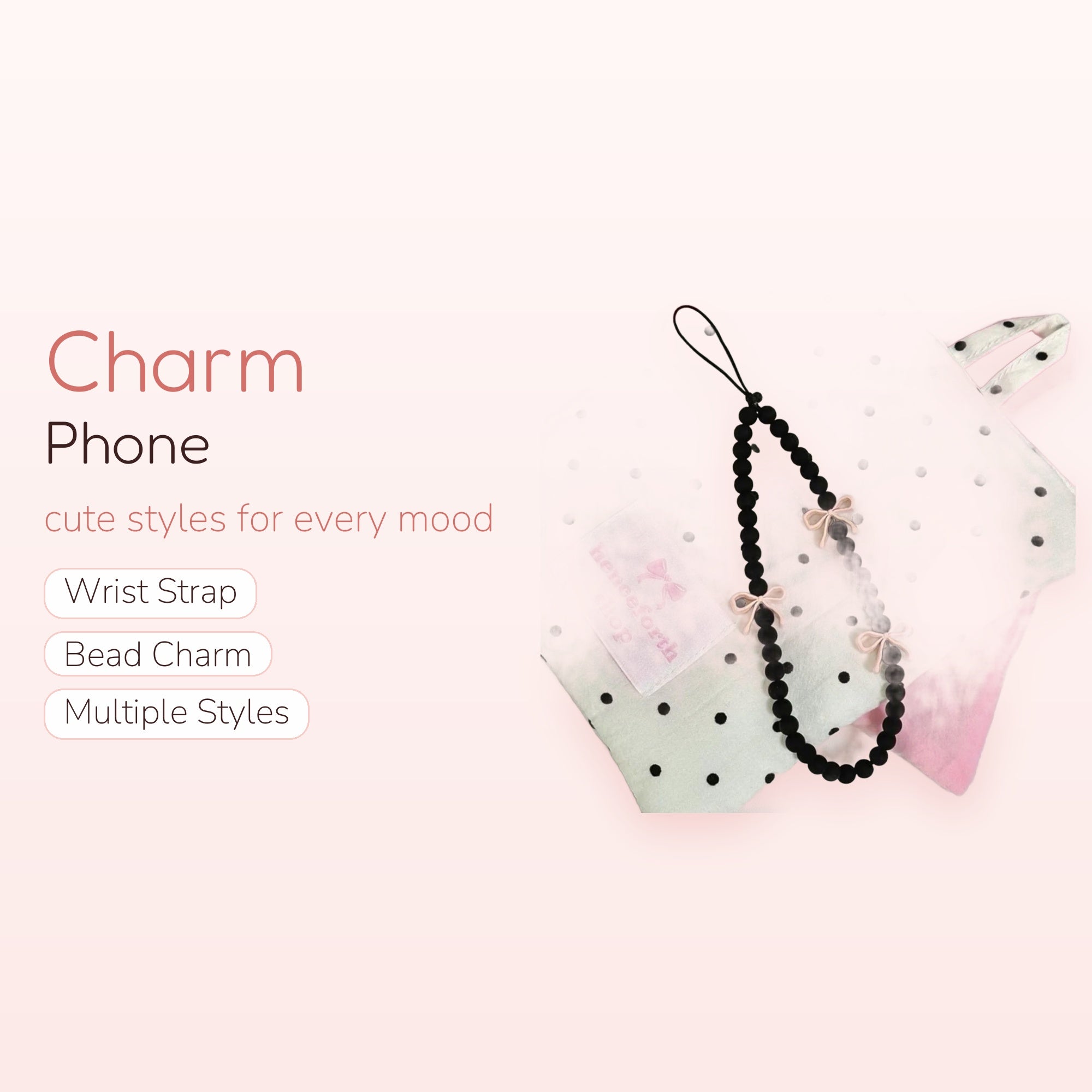 Cute Black Beaded Phone Charm | Pink Bow Wrist Strap Lanyard