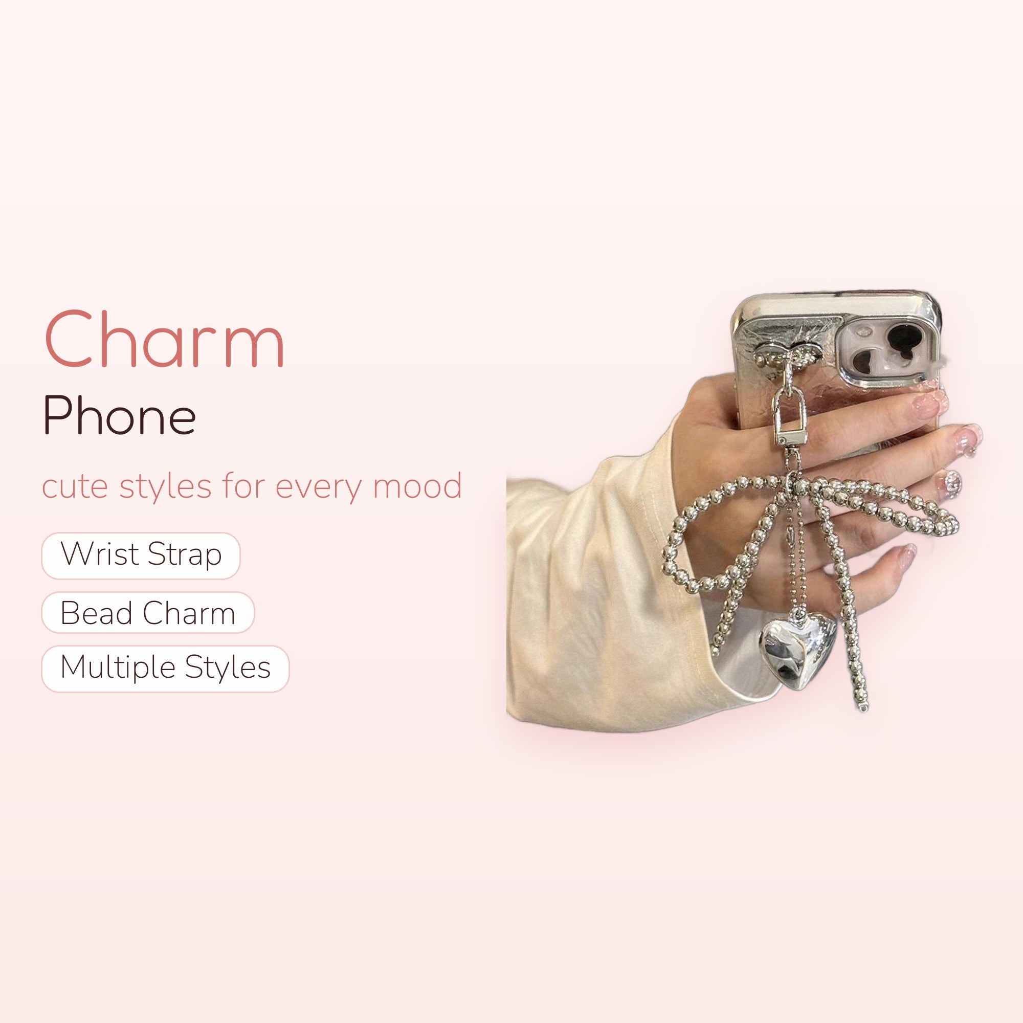 Silver Beaded Bow & Heart Phone Charm | Aesthetic Y2K Wrist Strap