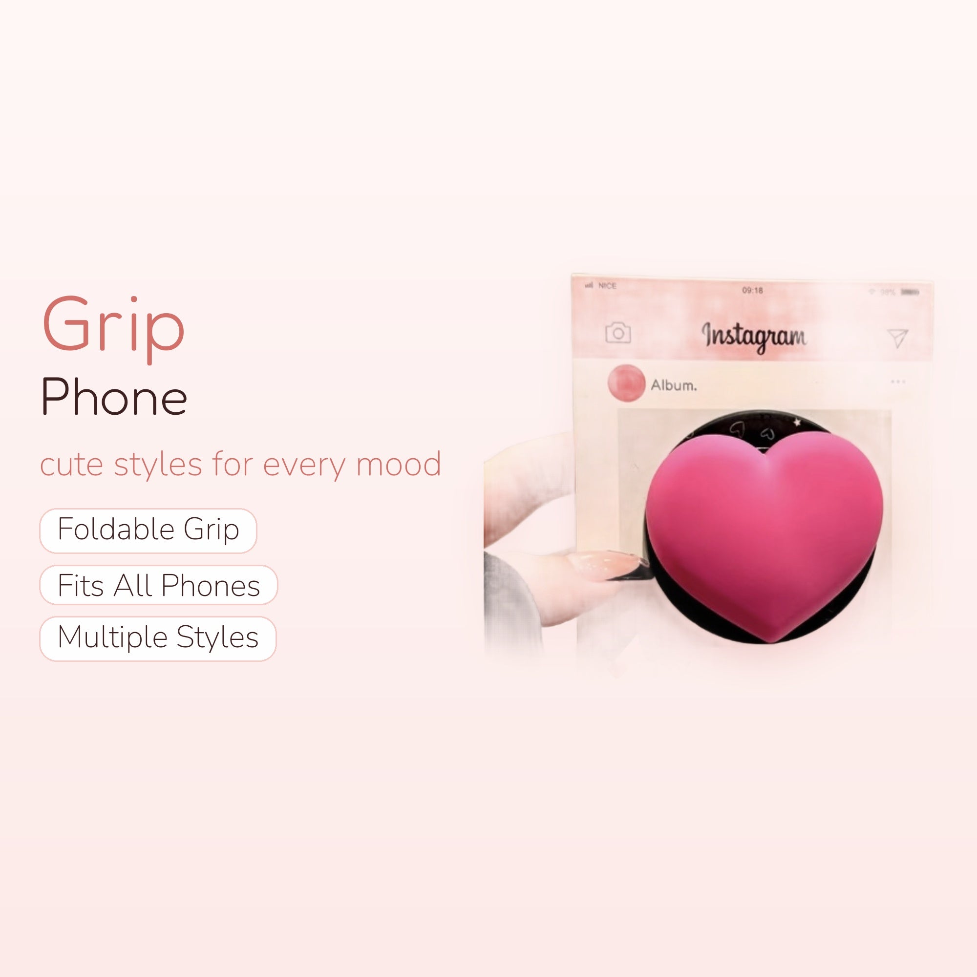 Pink Heart Instagram Phone Grip | Cute Pop Socket Stand