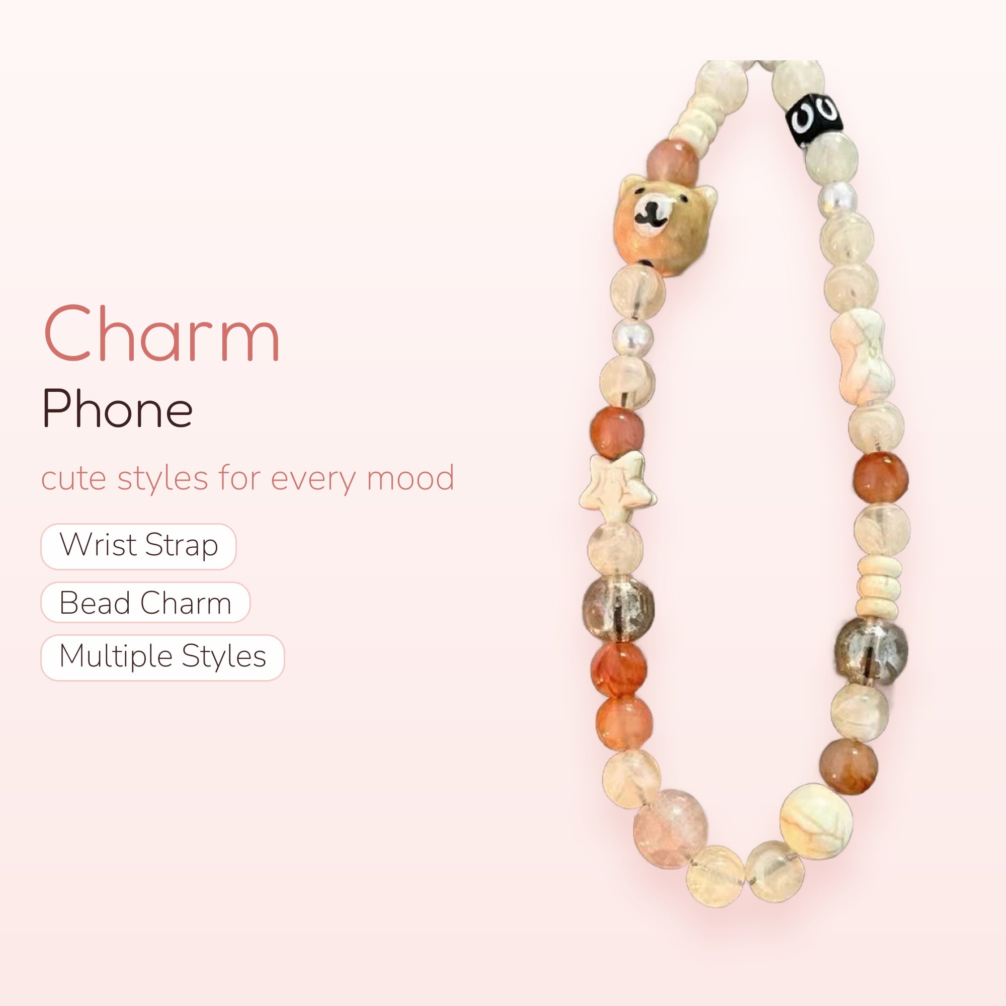 Cute Bear & Star Beaded Phone Charm | Aesthetic Pastel Wrist Strap Lanyard