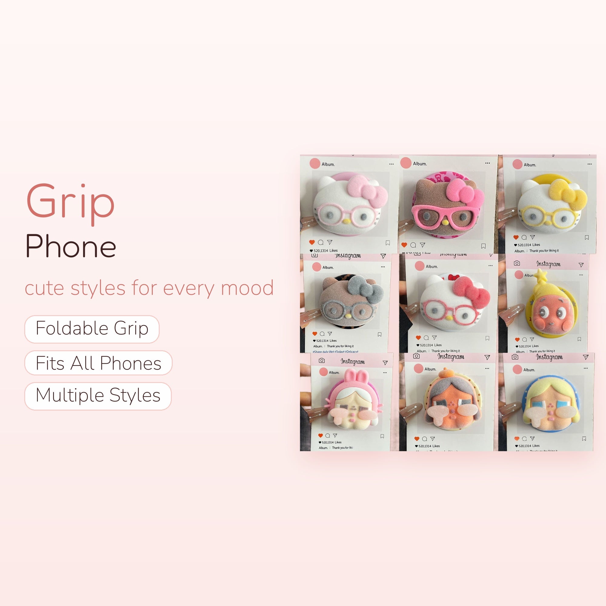 Flocked Hello Kitty & Friends Phone Grip | Cute Kawaii Pop Socket Stand