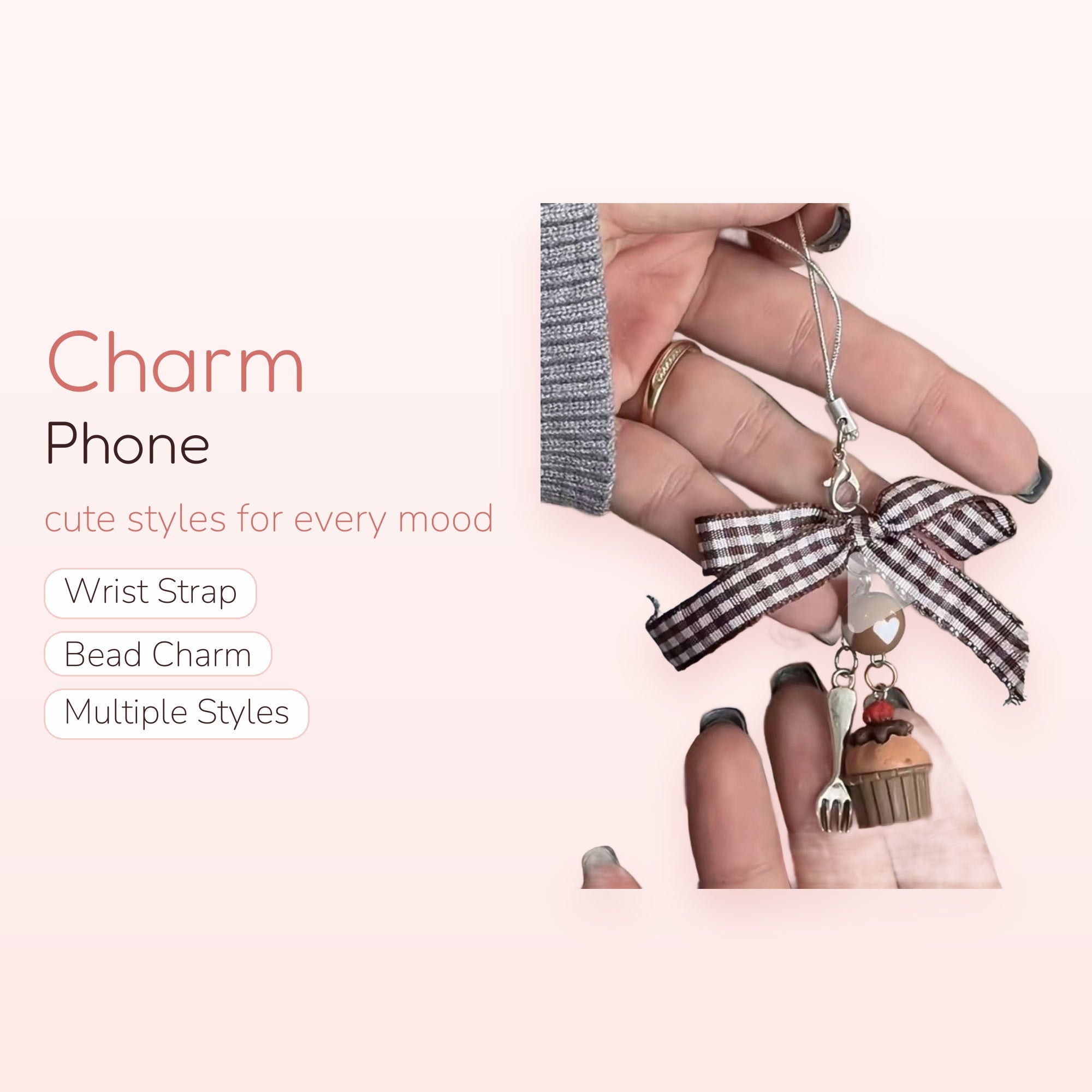 Cute Gingham Bow & Cupcake Phone Charm | Aesthetic Dessert Wrist Strap