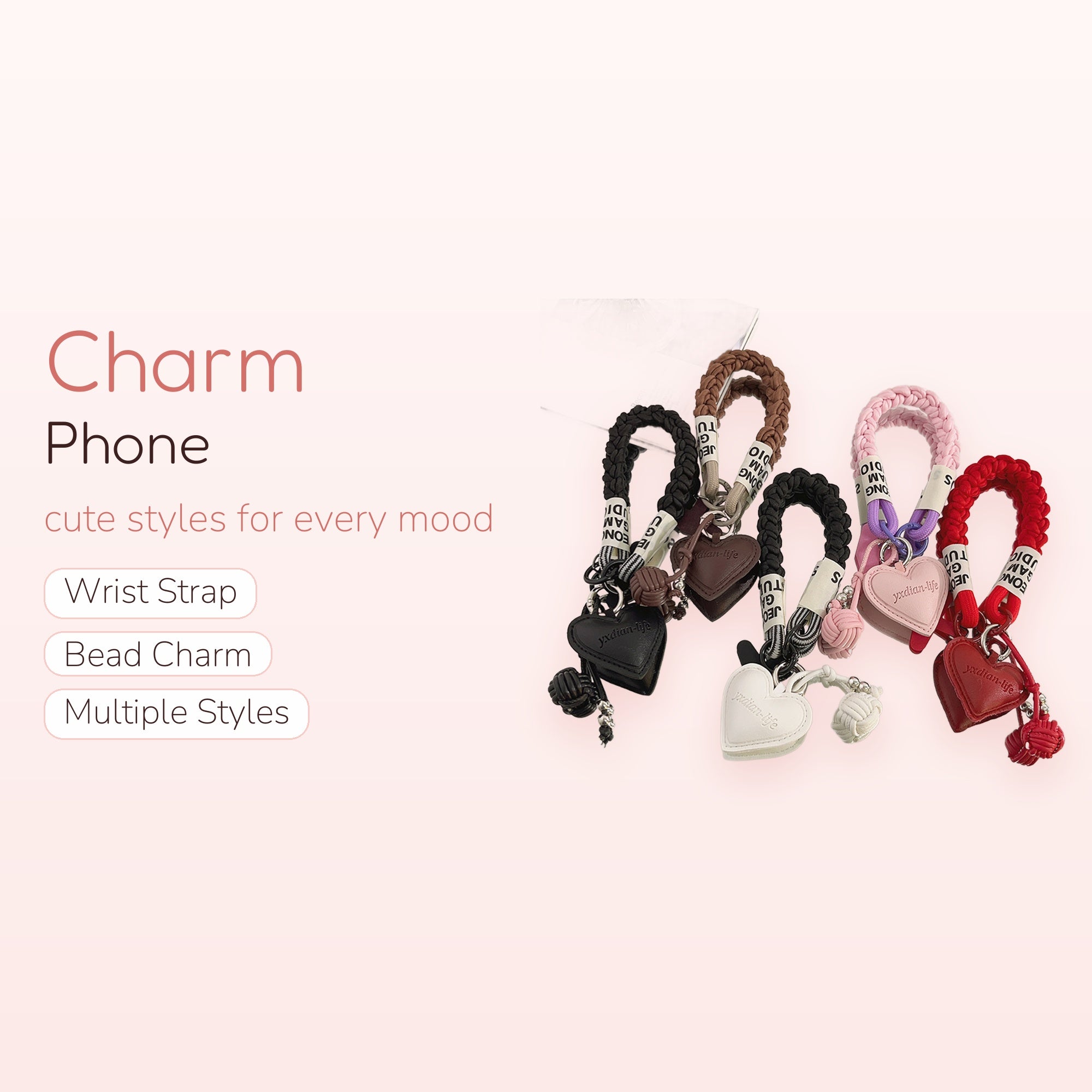 Braided Wrist Strap Phone Charm | Heart Pendant Keychain Lanyard