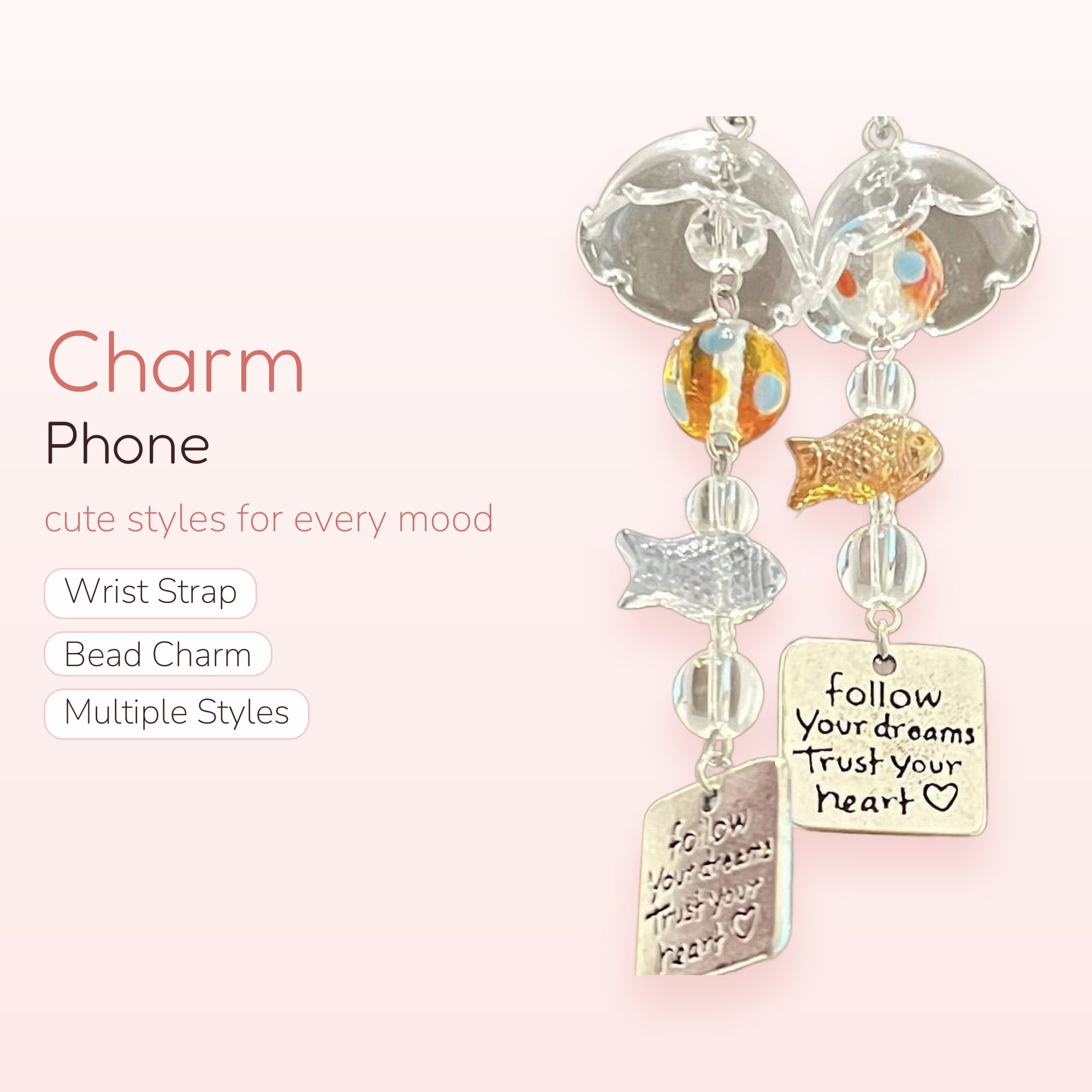 Aesthetic Clear Fish & Quote Phone Charm | Y2K Beaded Wrist Strap