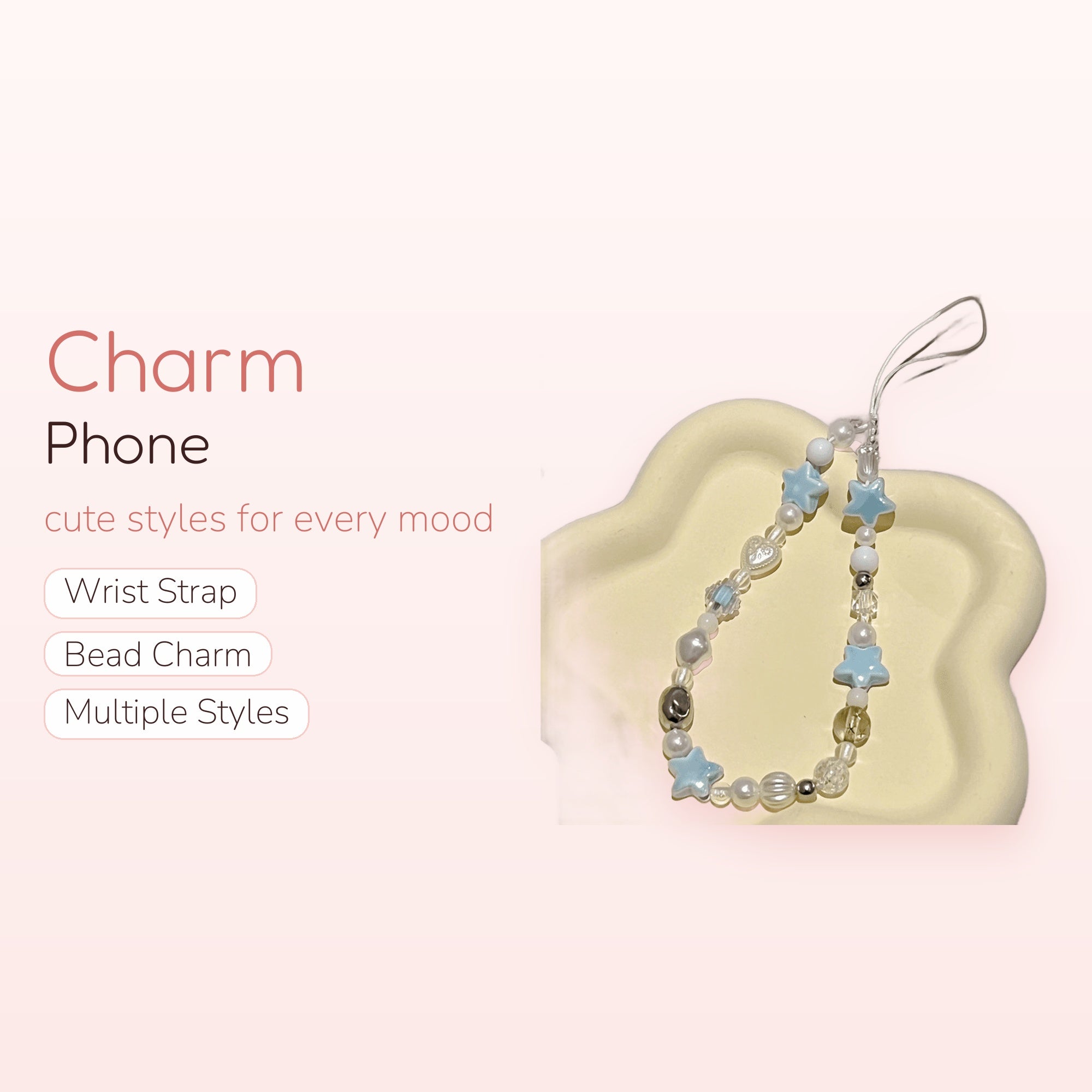 Kawaii Pastel Blue Star & Pearl Phone Charm | Aesthetic Beaded Wrist Strap