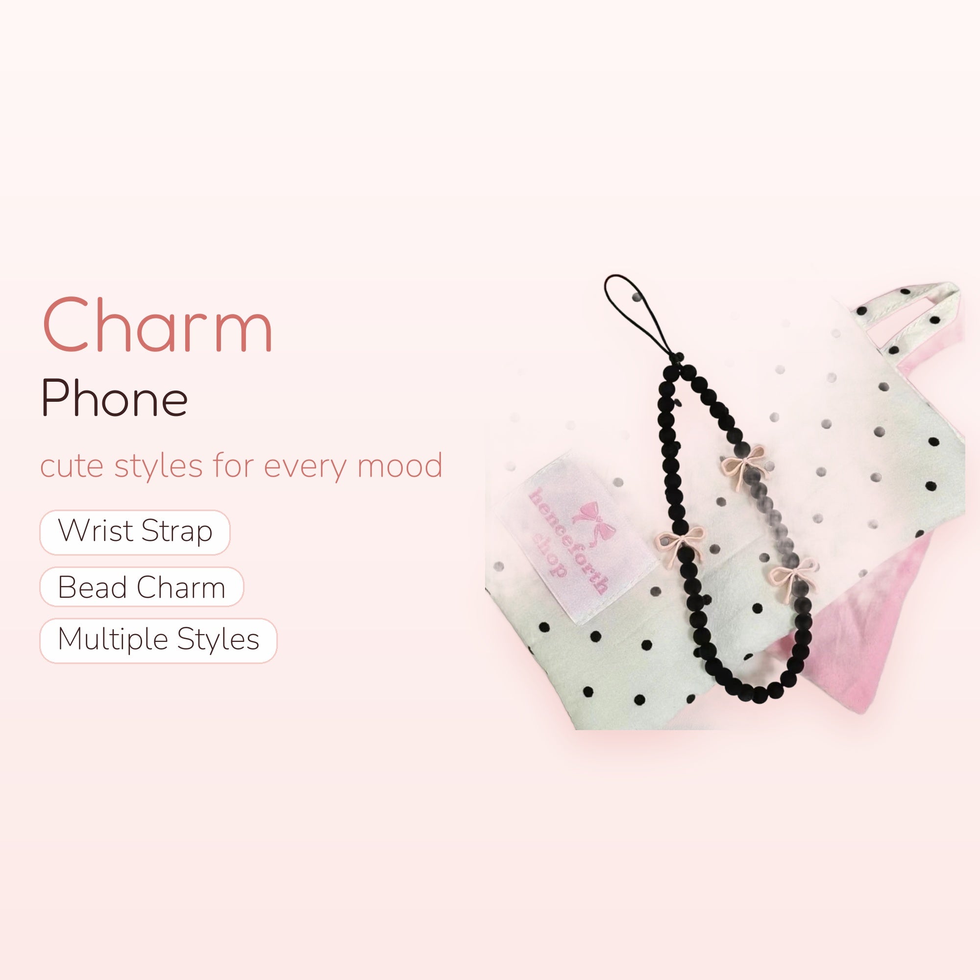 Black Beaded Phone Charm with Pink Bows | Cute Wrist Strap Lanyard