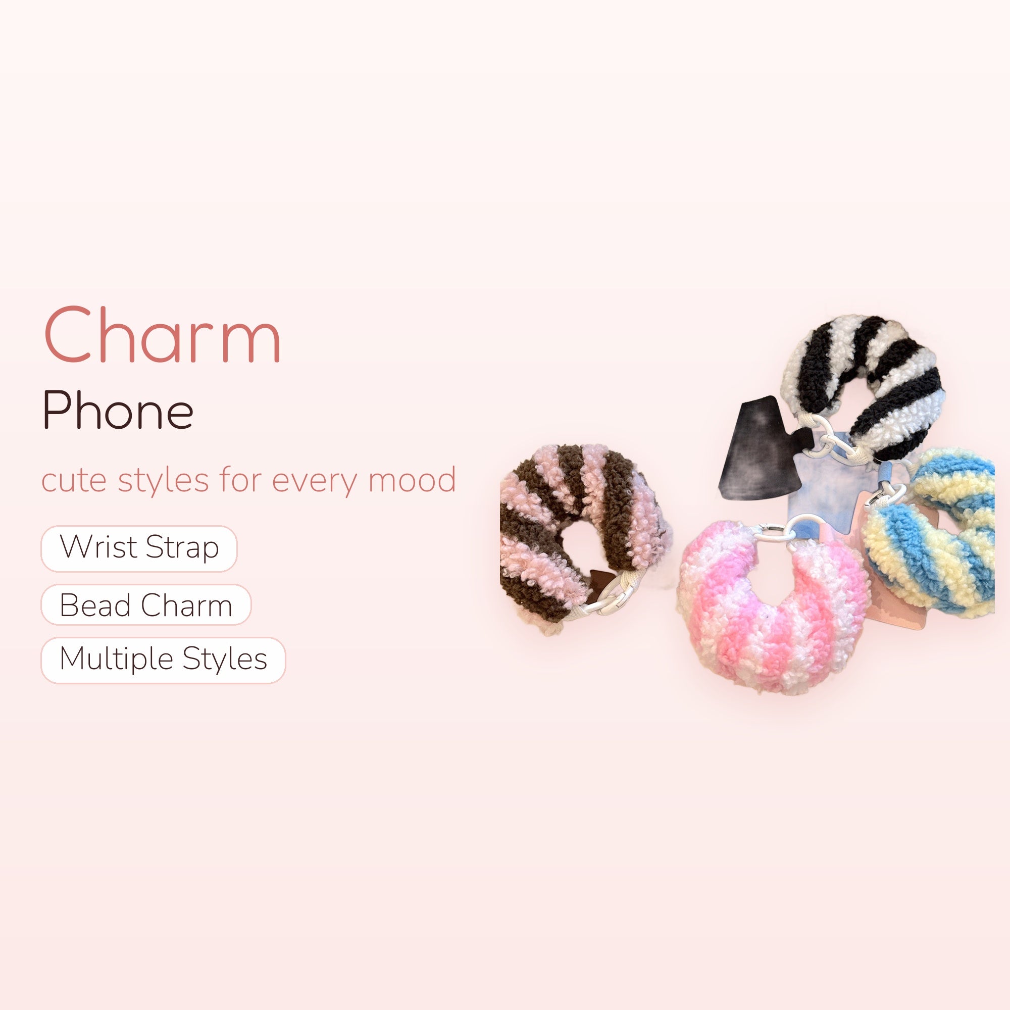 Fluffy Striped Wrist Phone Charm | Soft Plush Donut Lanyard