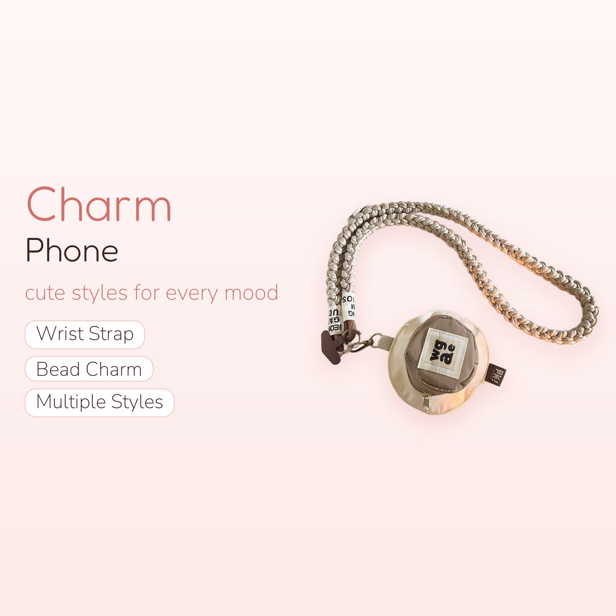 Braided Beige Lanyard Phone Charm | Aesthetic Woven Strap with Mini Pouch