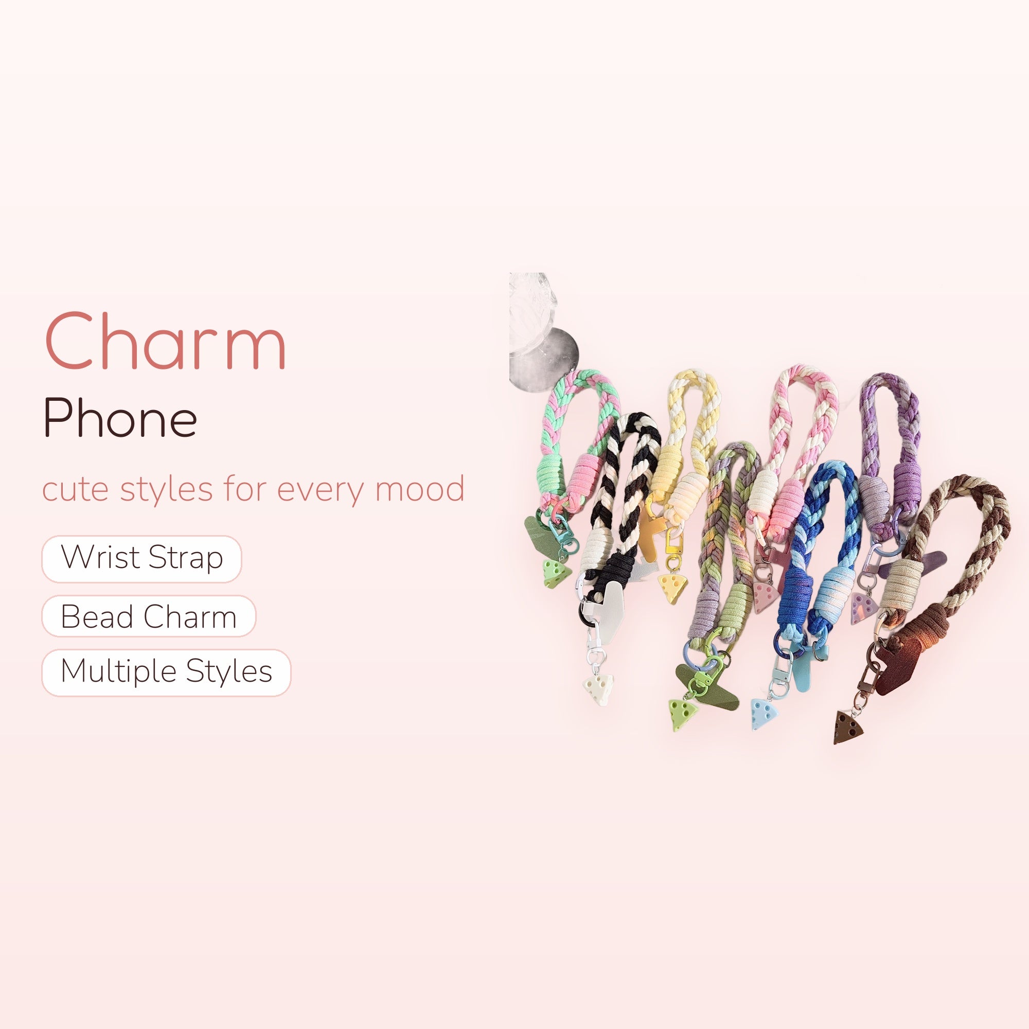 Braided Rope Cheese Phone Charm Strap | Cute Pastel Wrist Lanyard Keychain