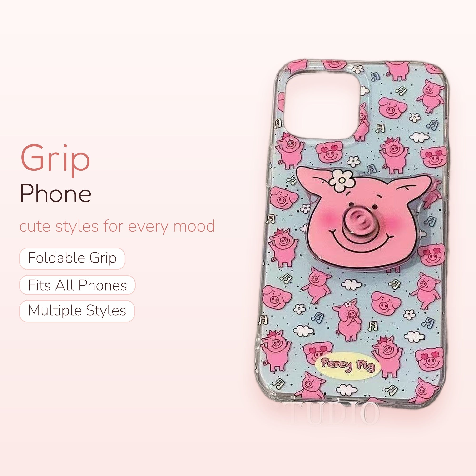 Cute Pink Piggy Phone Grip | Kawaii Cartoon Pop Socket Stand with Flower Accent