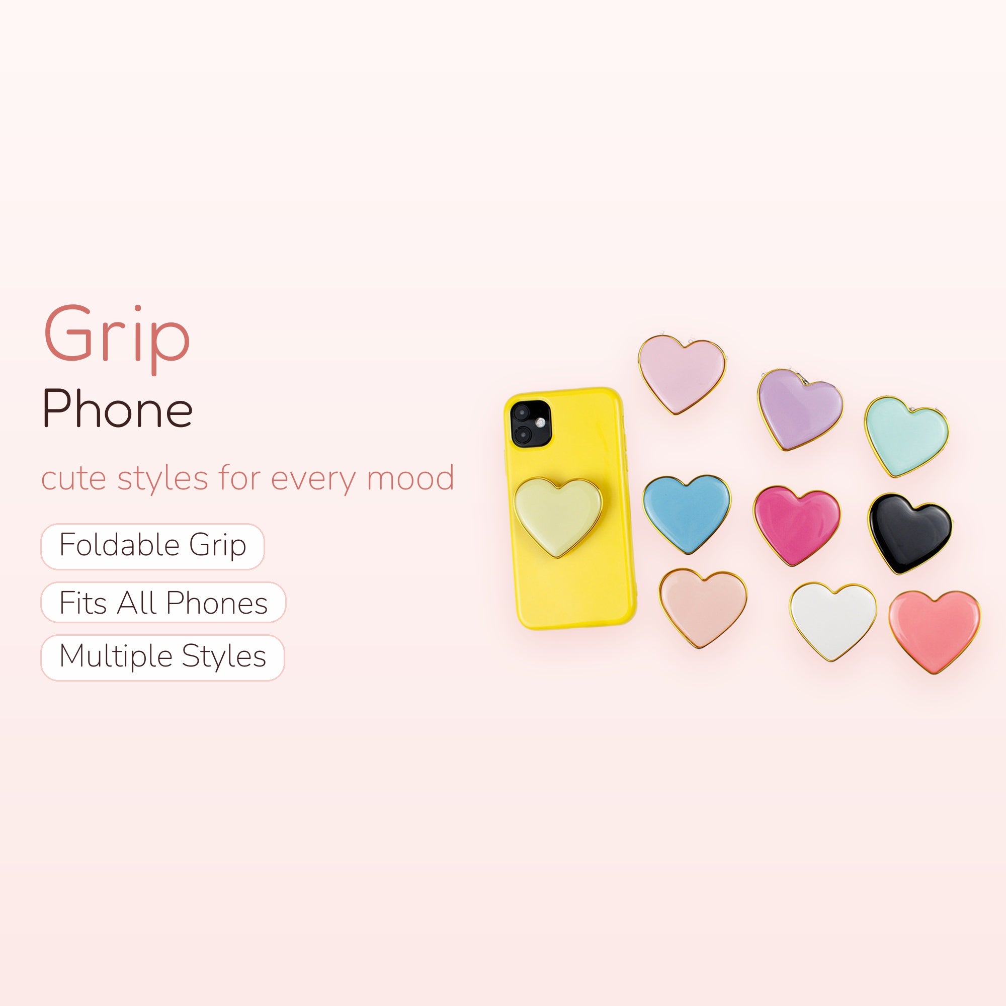 Pastel Heart Phone Grip | Cute Gold Trim Pop Socket Stand