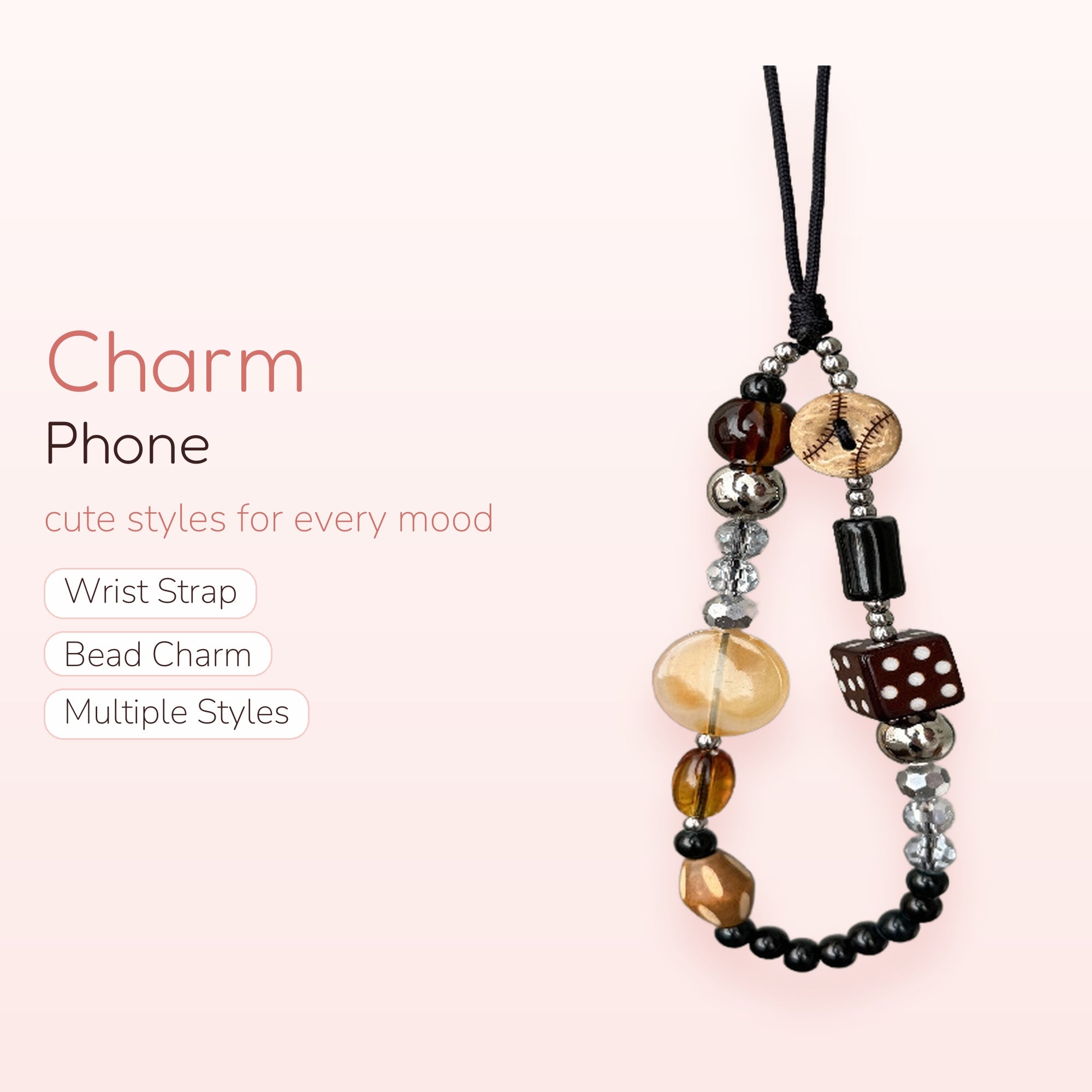 Brown & Black Dice Baseball Phone Charm Strap | Aesthetic Beaded Wrist Lanyard