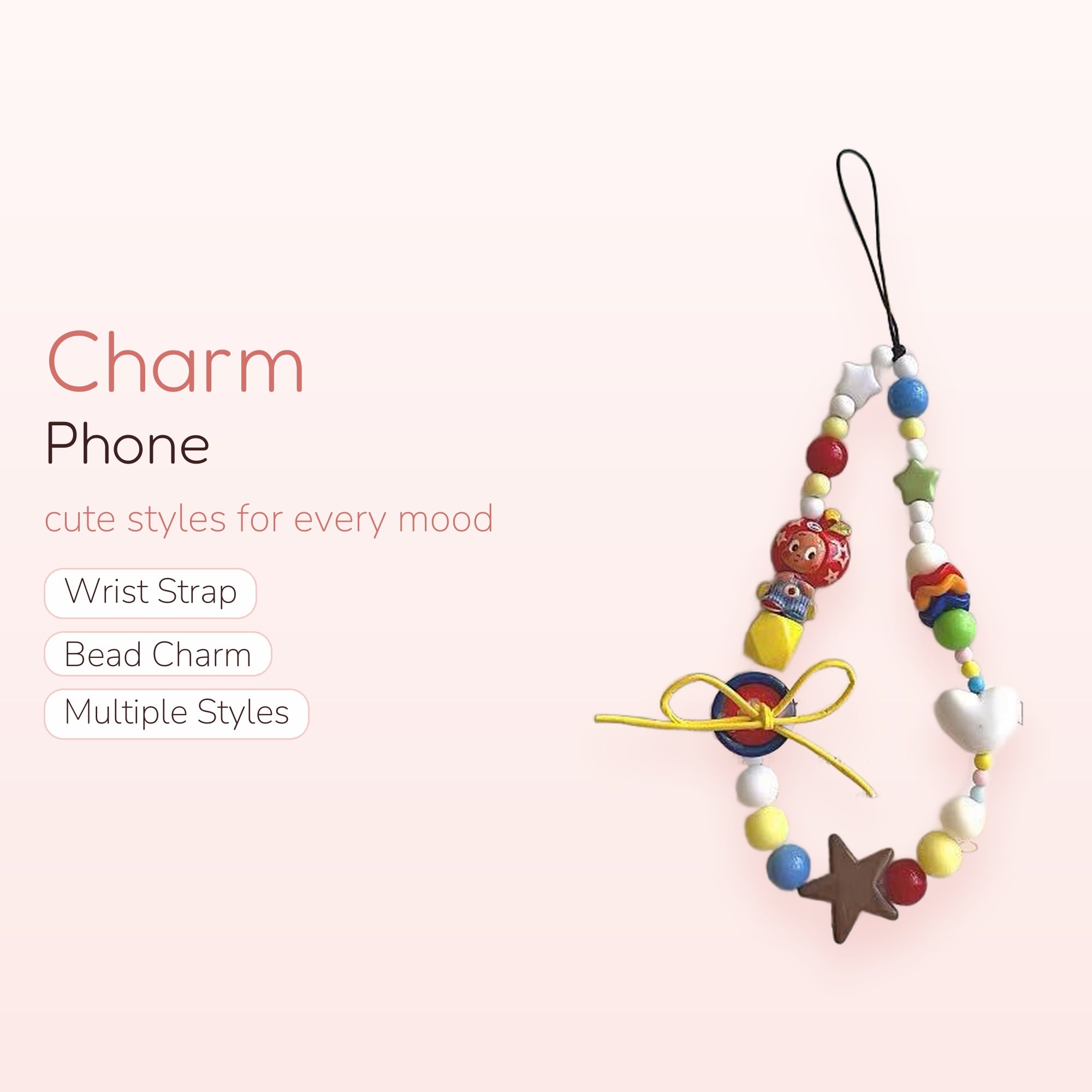 Colorful Beaded Phone Charm Strap | Kawaii Y2K Star & Heart Wrist Lanyard