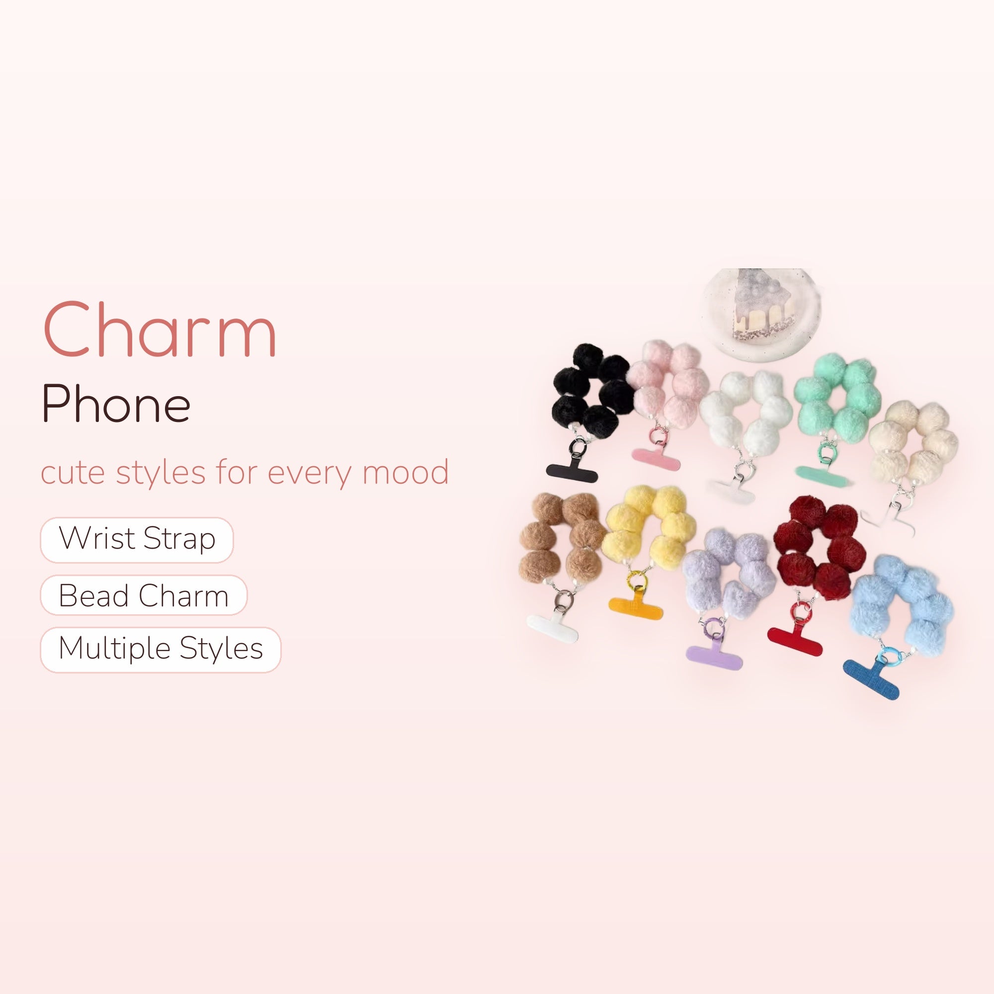 Fluffy Pom Pom Phone Charm Strap | Cute Plush Ball Wrist Lanyard in Multiple Colors