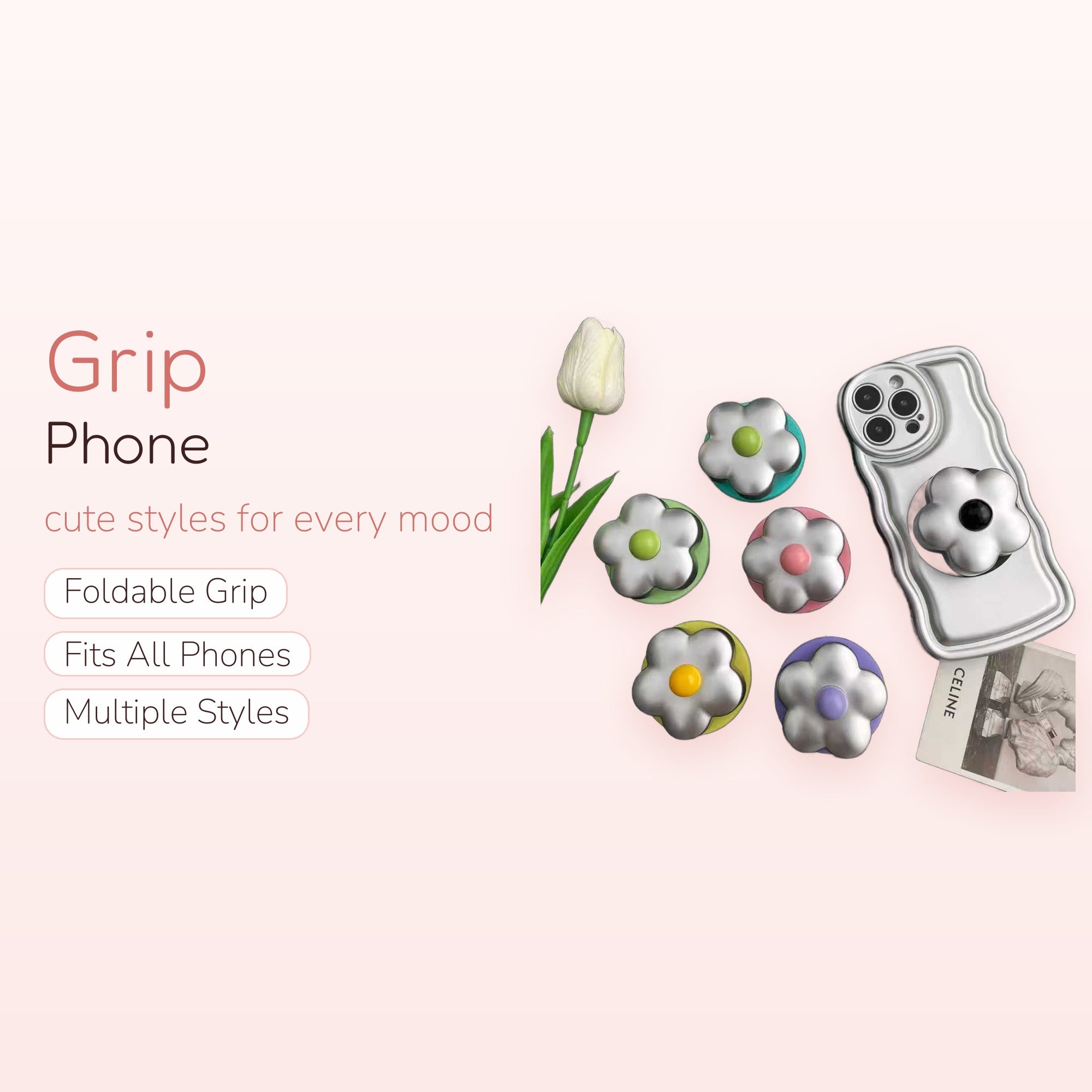 Cute Silver Flower Phone Grip | Y2K Daisy Pop Socket Stand
