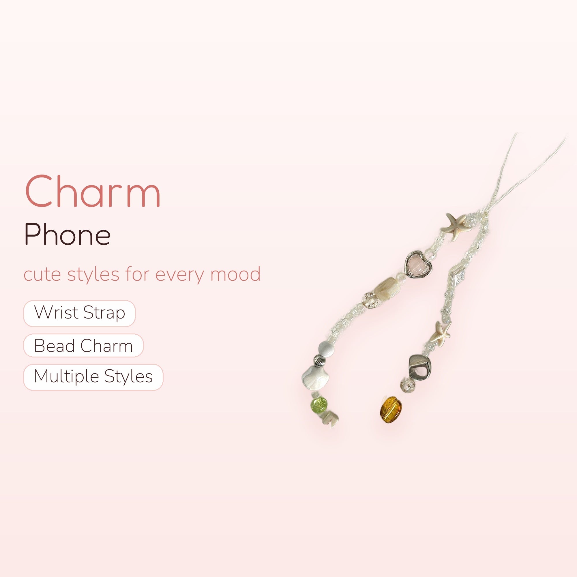 Aesthetic Beaded Phone Charm Strap | Clear & Pastel Heart Starfish Wrist Lanyard