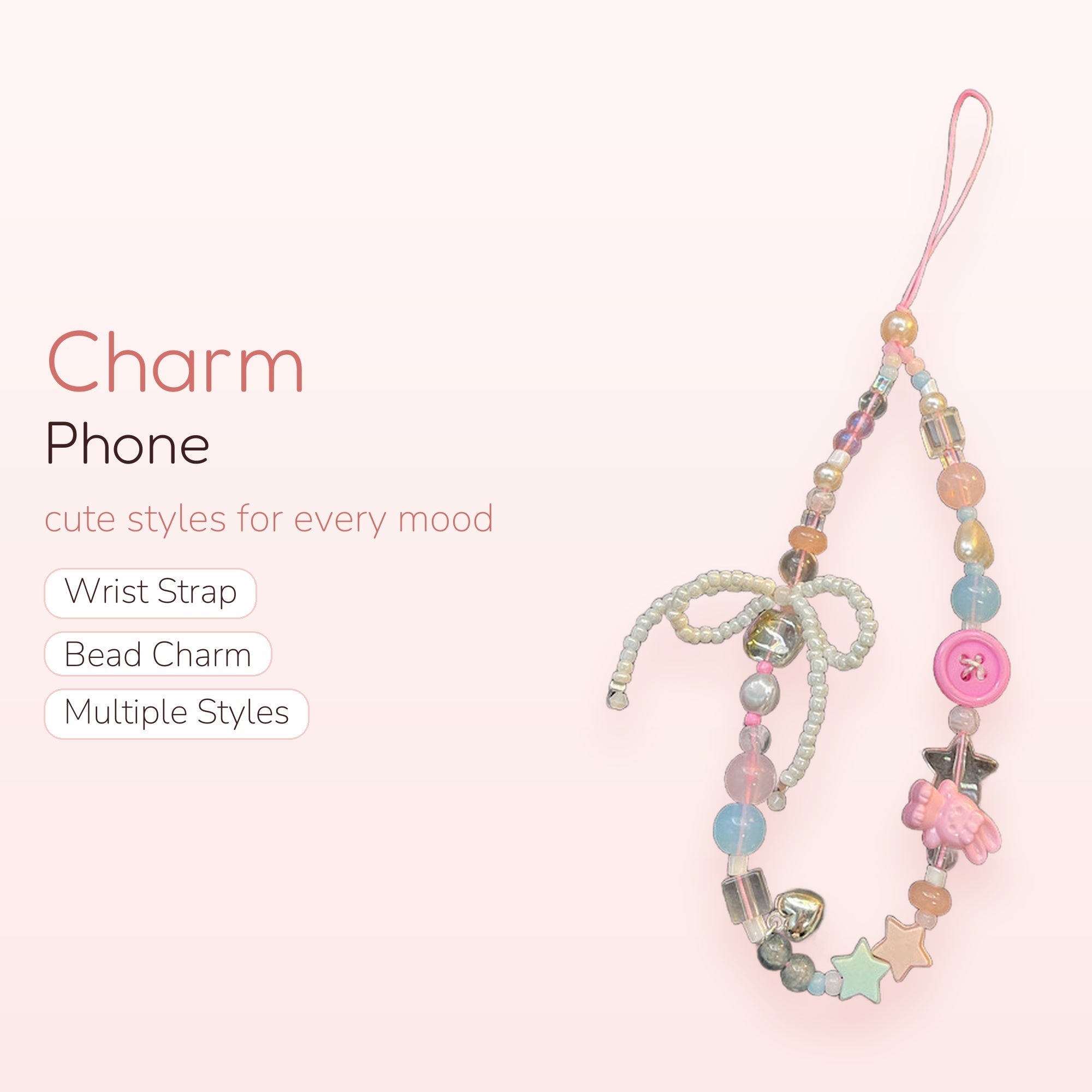 Pastel Beaded Phone Charm Strap with Bow & Star Charms | Kawaii Pearl & Heart Lanyard