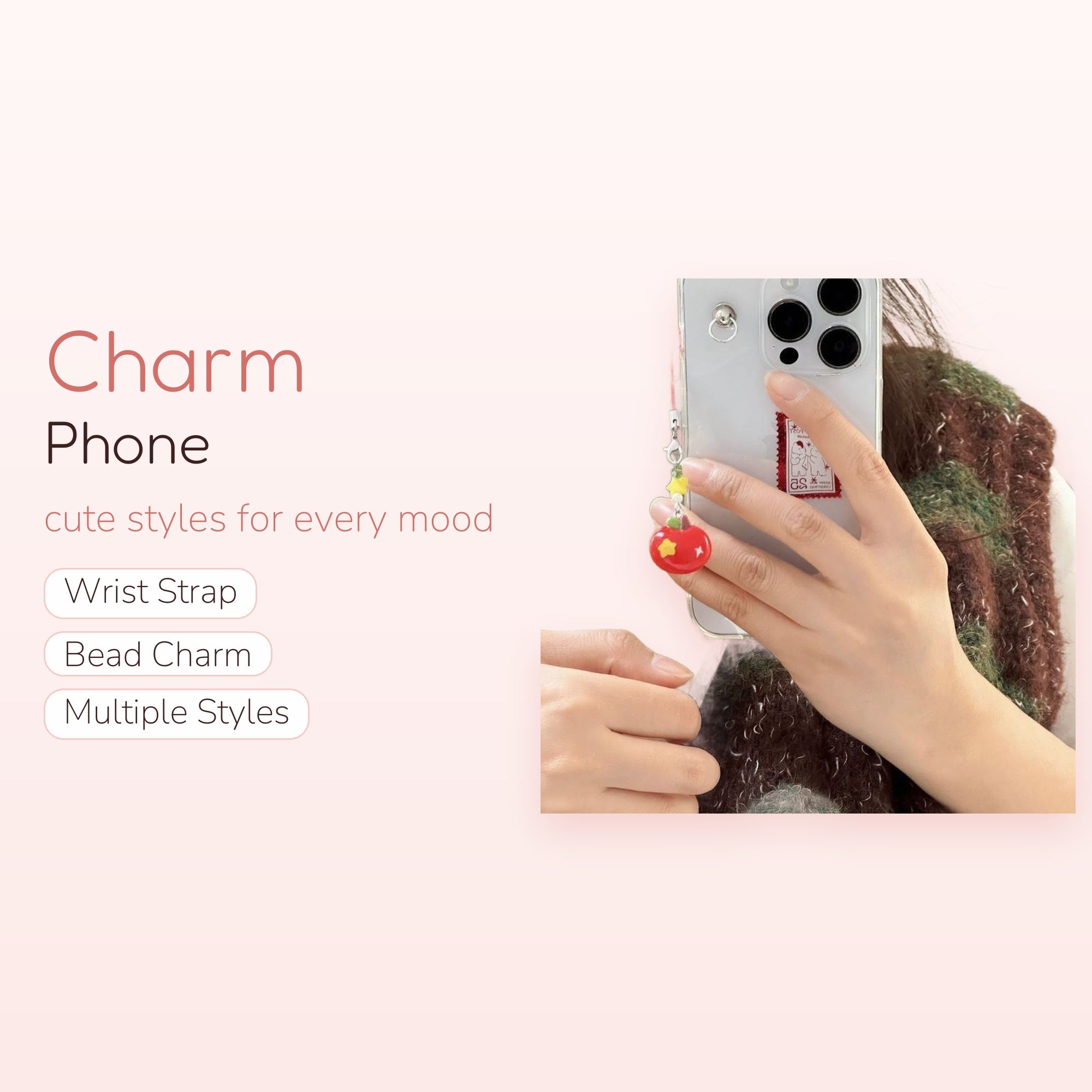 Cute Red Apple & Star Phone Charm | Kawaii Beaded Phone Strap