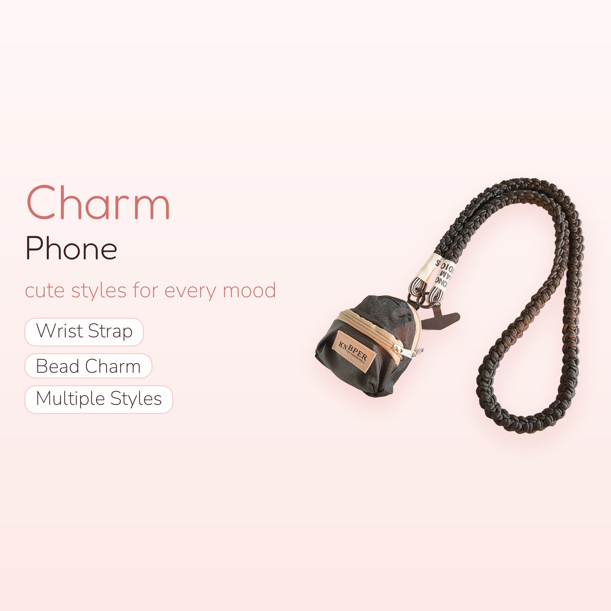 Black Braided Lanyard Phone Charm with Mini Backpack Pouch | Cute Crossbody Phone Strap