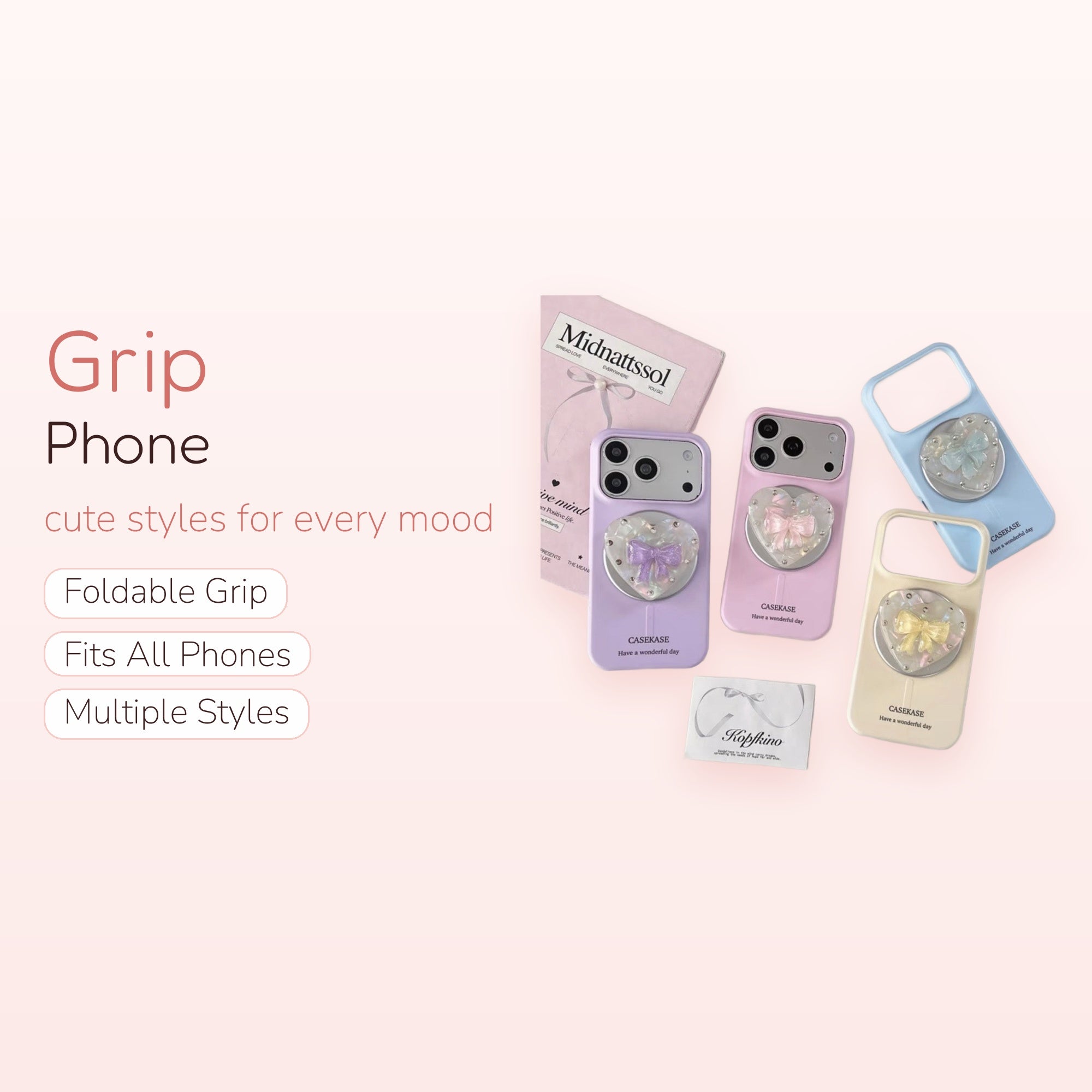 Pastel Heart Bow Phone Grip | Cute Iridescent Pop Socket Stand