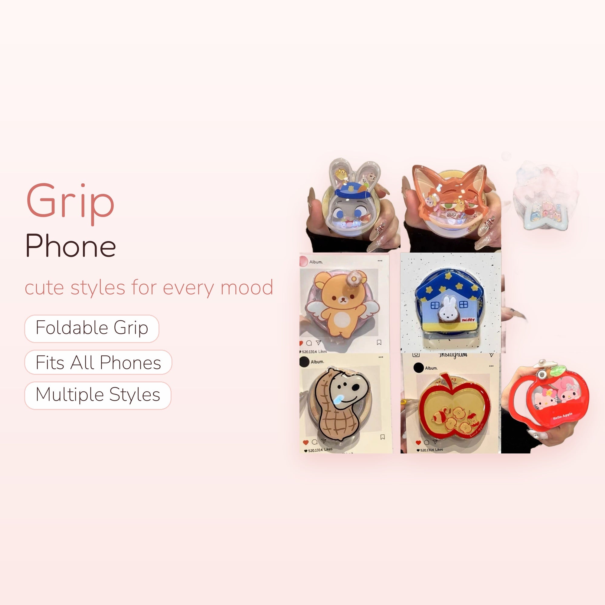 Cute Cartoon Character Liquid Glitter Phone Grip | Kawaii Pop Socket Stand