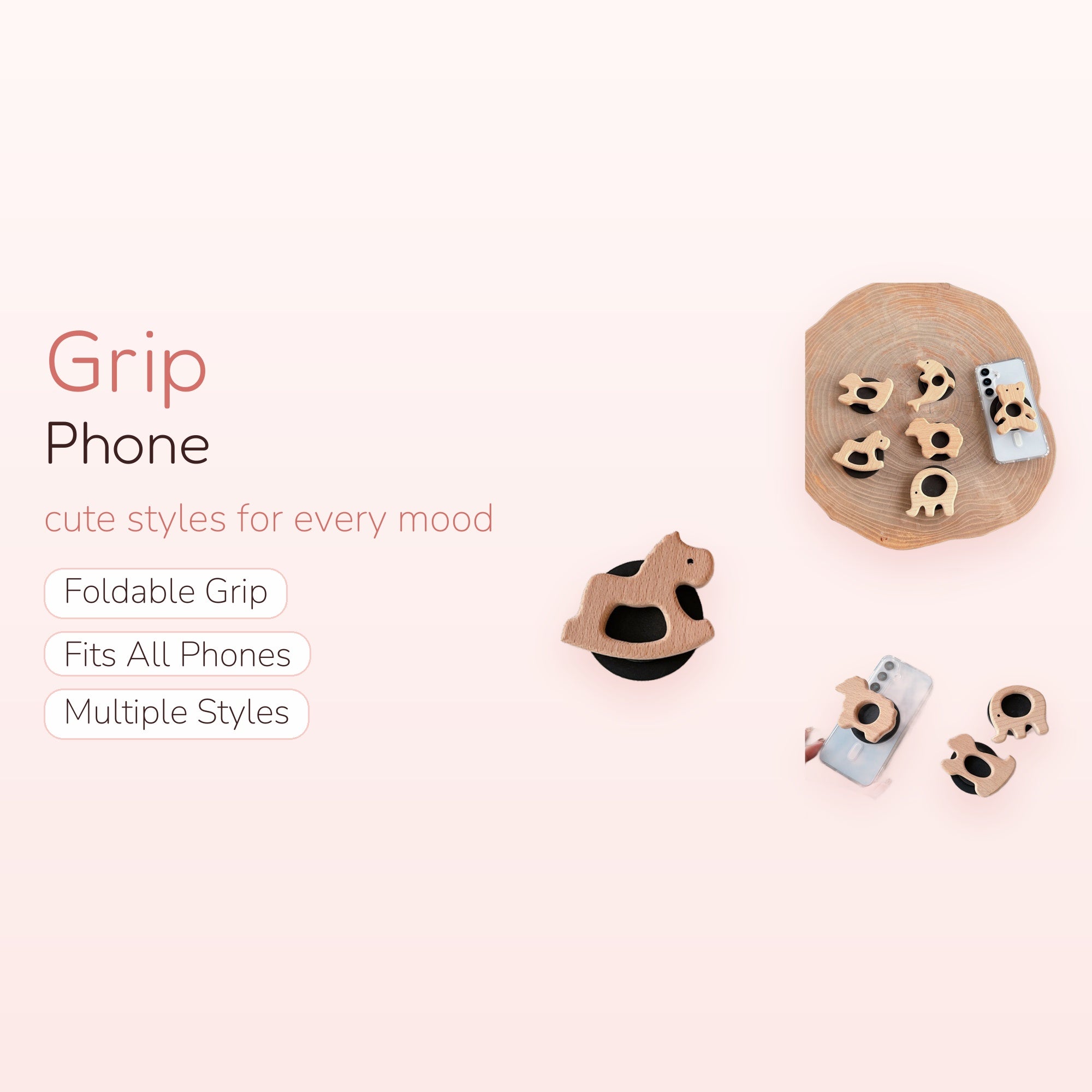 Cute Wooden Animal Phone Grip | Aesthetic Natural Wood Pop Socket Stand