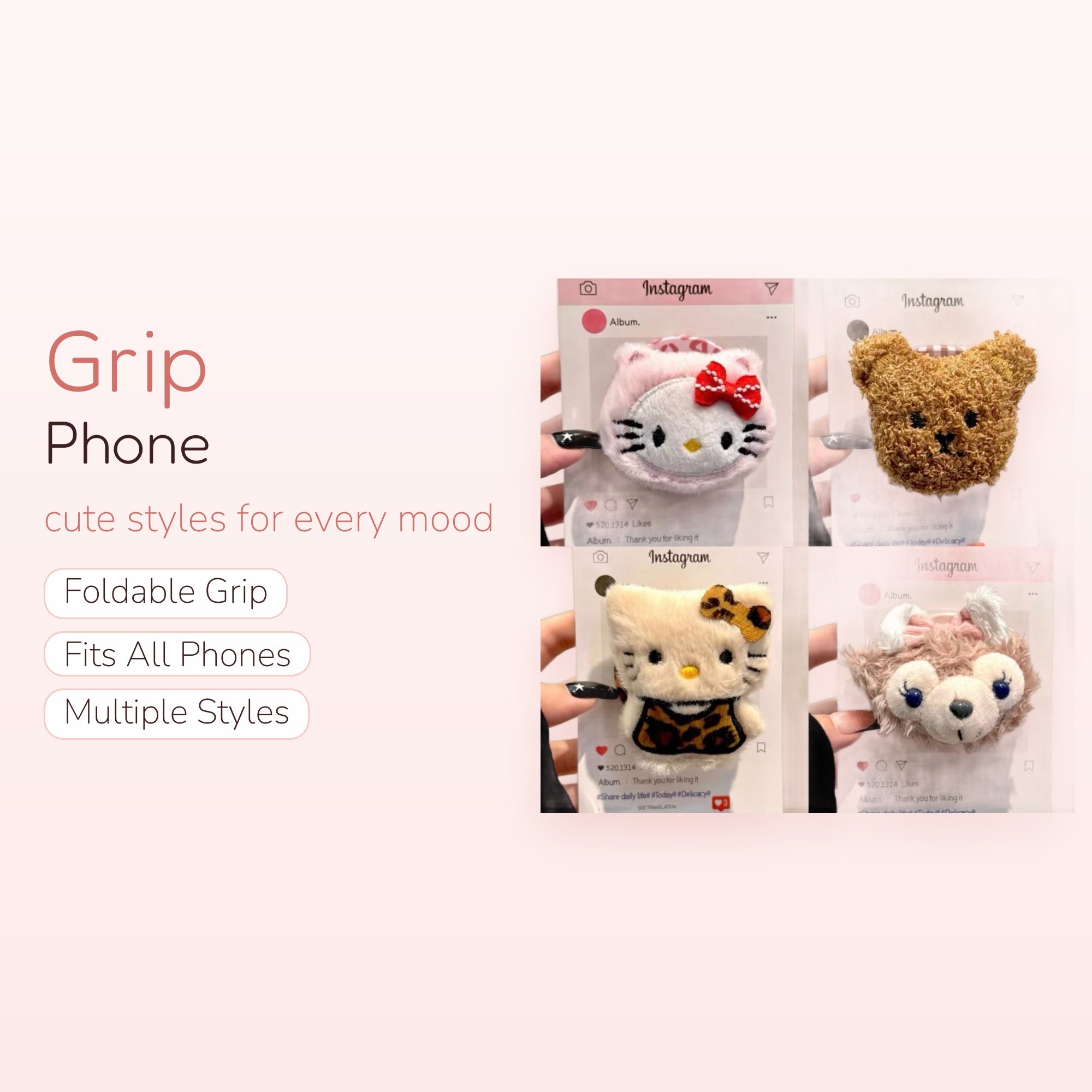 Fluffy Hello Kitty & Bear Phone Grip | Kawaii Plush Pop Socket Stand