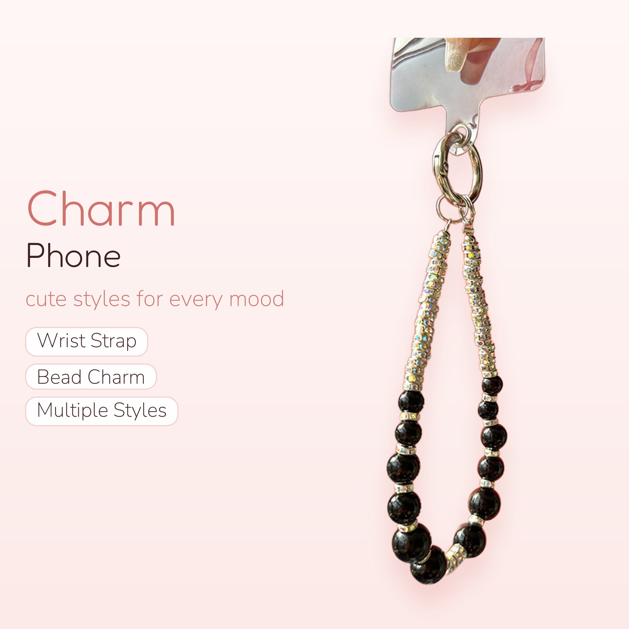 Black Beaded & Rhinestone Phone Charm Strap | Aesthetic Y2K Wrist Lanyard