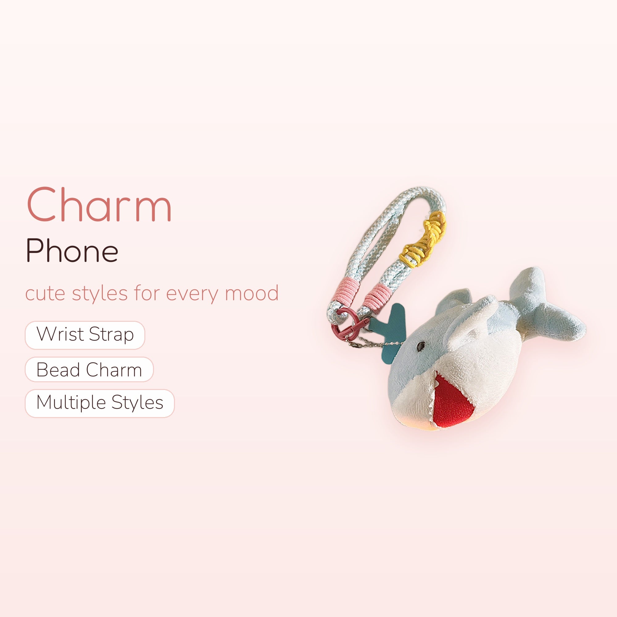 Cute Plush Shark Phone Charm | Pastel Braided Wrist Lanyard with Shark Plushie
