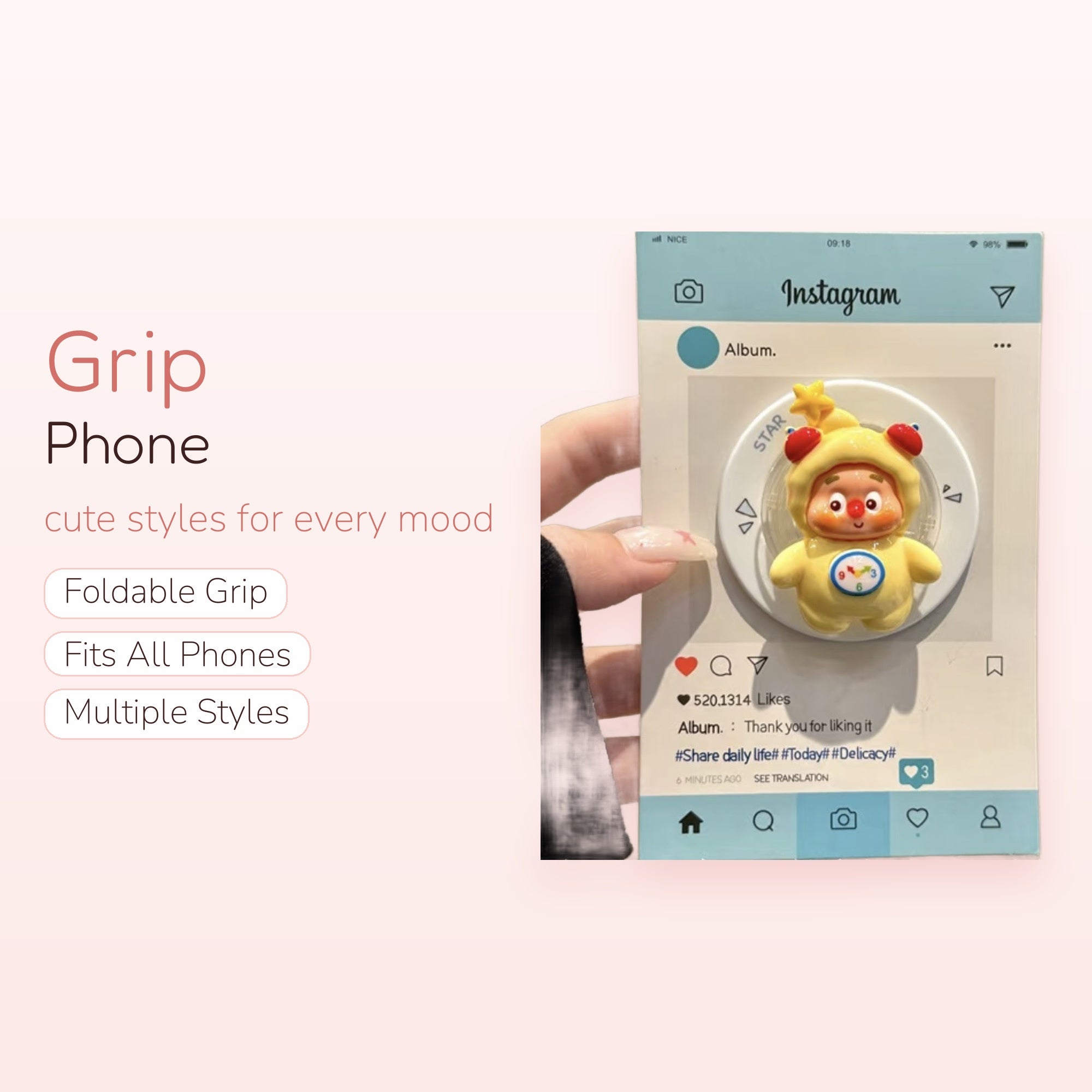 Cute Yellow Cartoon Character Phone Grip | Kawaii Pop Socket Stand with Clock Detail