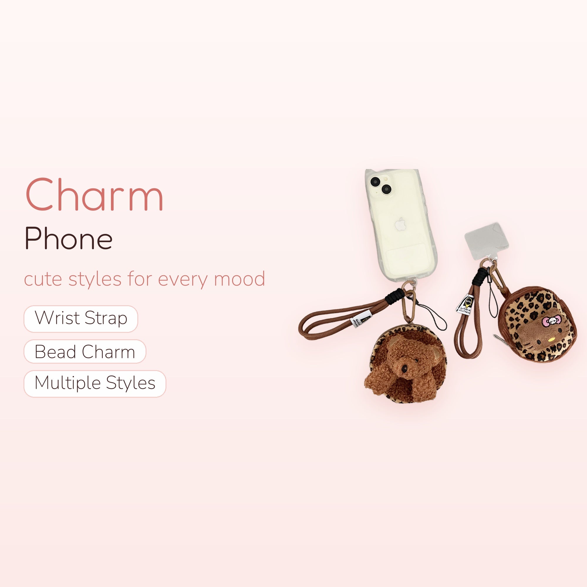 Cute Leopard Print Plush Phone Charm | Hello Kitty & Teddy Bear Wrist Strap