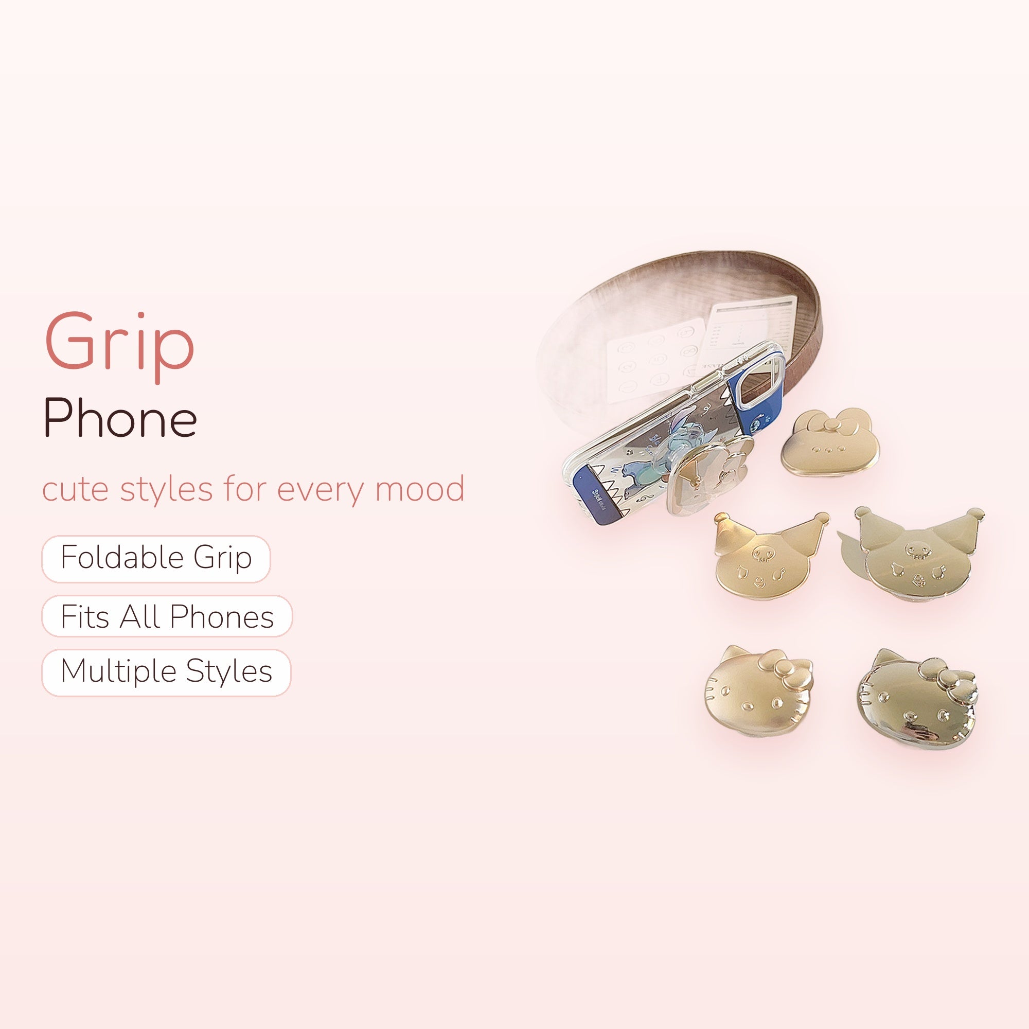 Shiny Gold Sanrio Character Phone Grip | Cute Pop Socket Stand