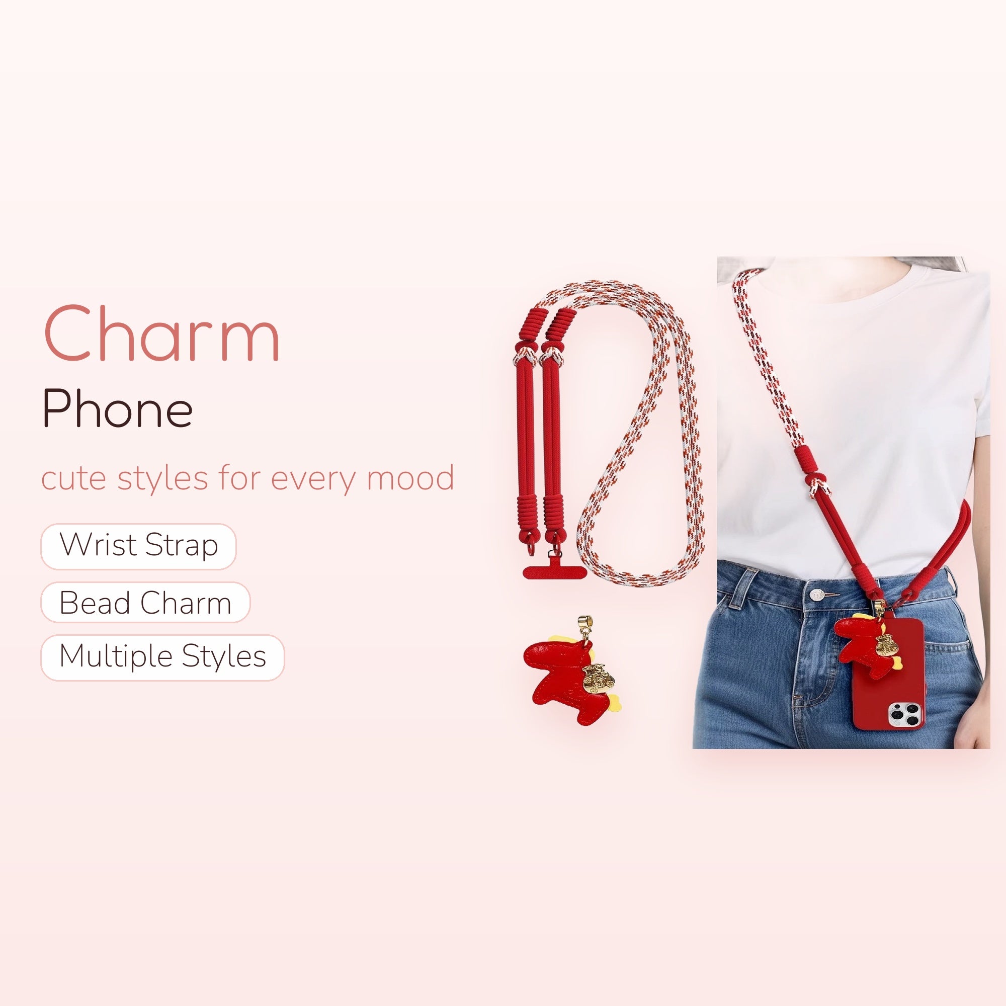 Red & White Braided Phone Lanyard | Cute Horse Charm Crossbody Strap