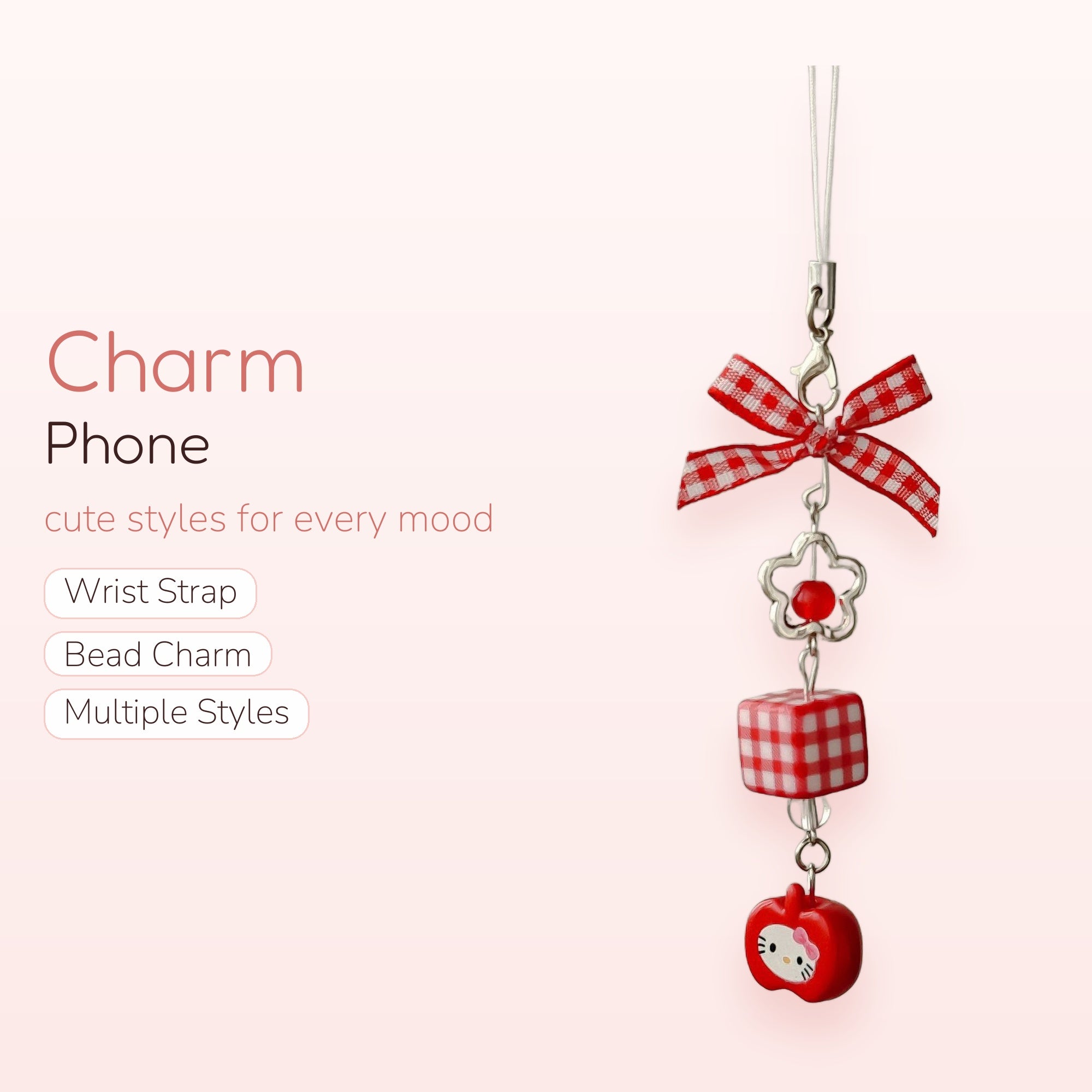 Cute Gingham Hello Kitty Phone Charm | Red & White Plaid Beaded Strap