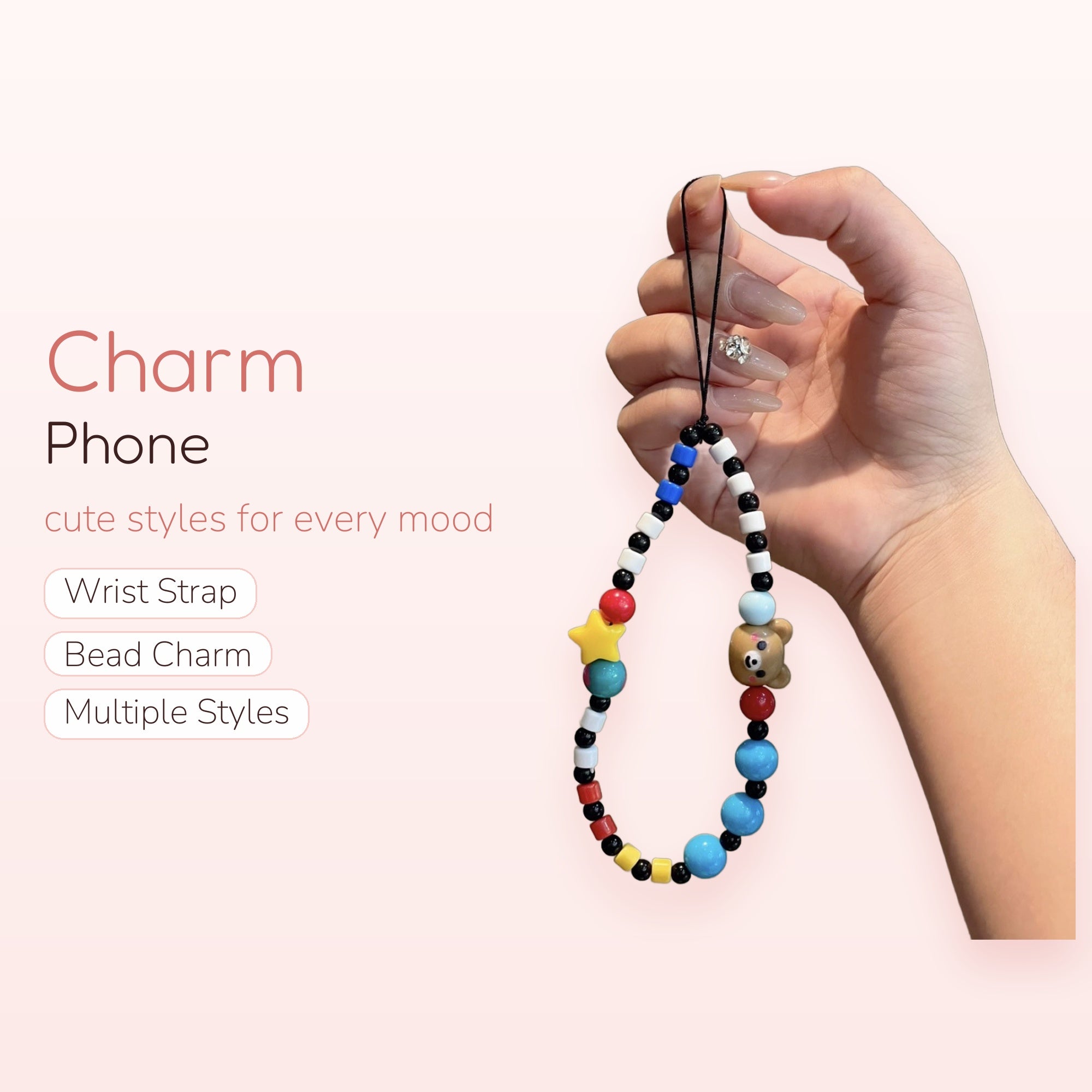 Colorful Beaded Bear & Star Phone Charm | Kawaii Y2K Wrist Strap Lanyard