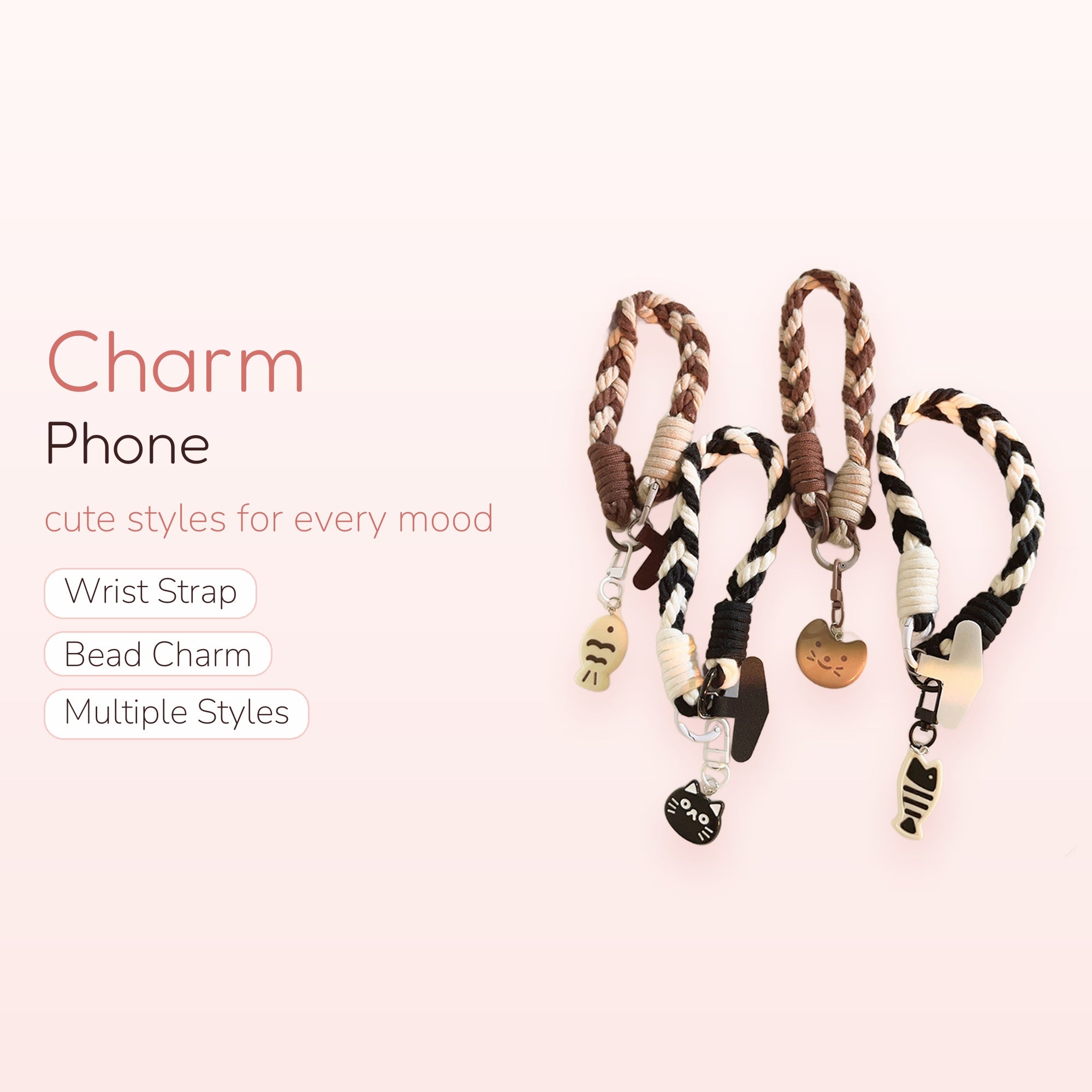SIMPLYBUBBI — Braided Neutral Cat & Fish Phone Wristlet | Cute Lanyard