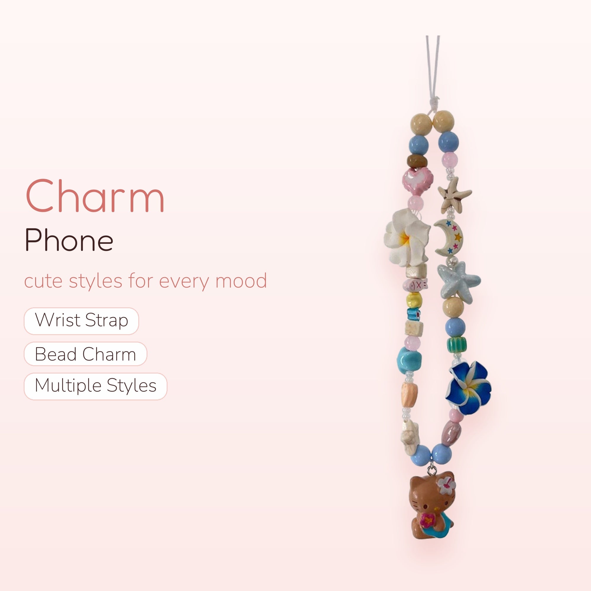Kawaii Pastel Beaded Phone Charm Strap | Hello Kitty & Floral Wrist Lanyard