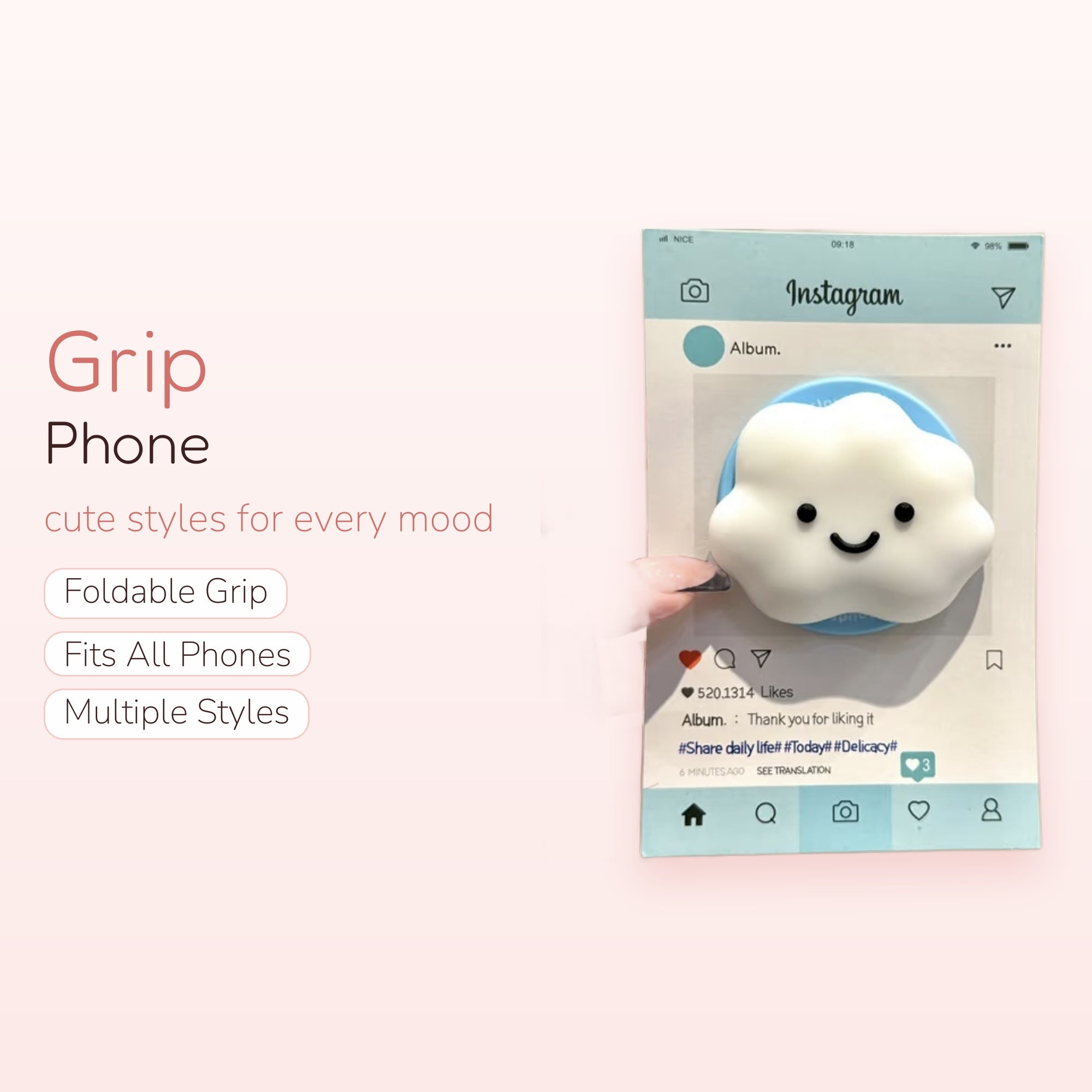 Kawaii Smiling Cloud Phone Grip | Cute Pastel Blue Pop Socket Stand