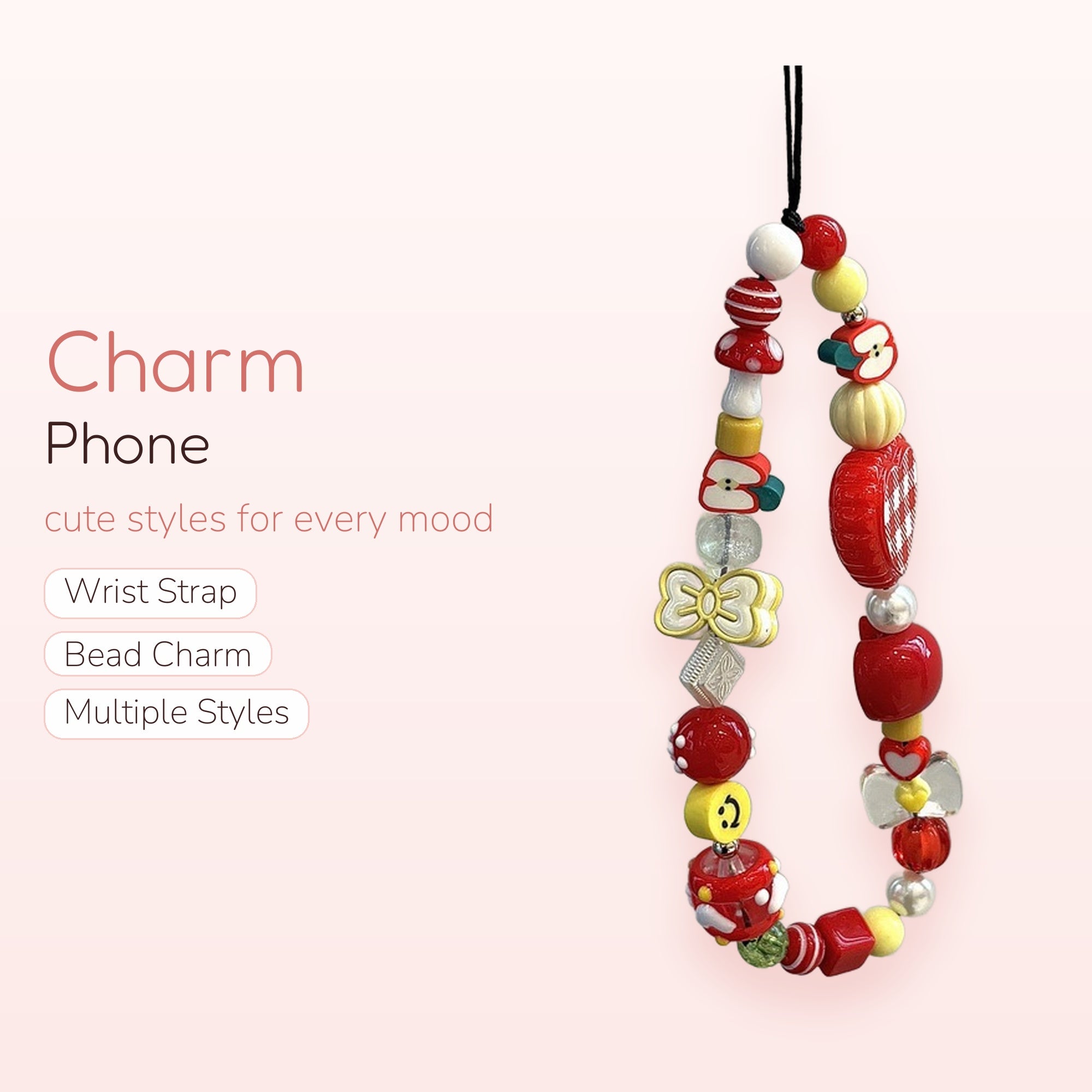 Cute Red & Yellow Beaded Phone Charm | Kawaii Mushroom Apple Bow Wrist Strap