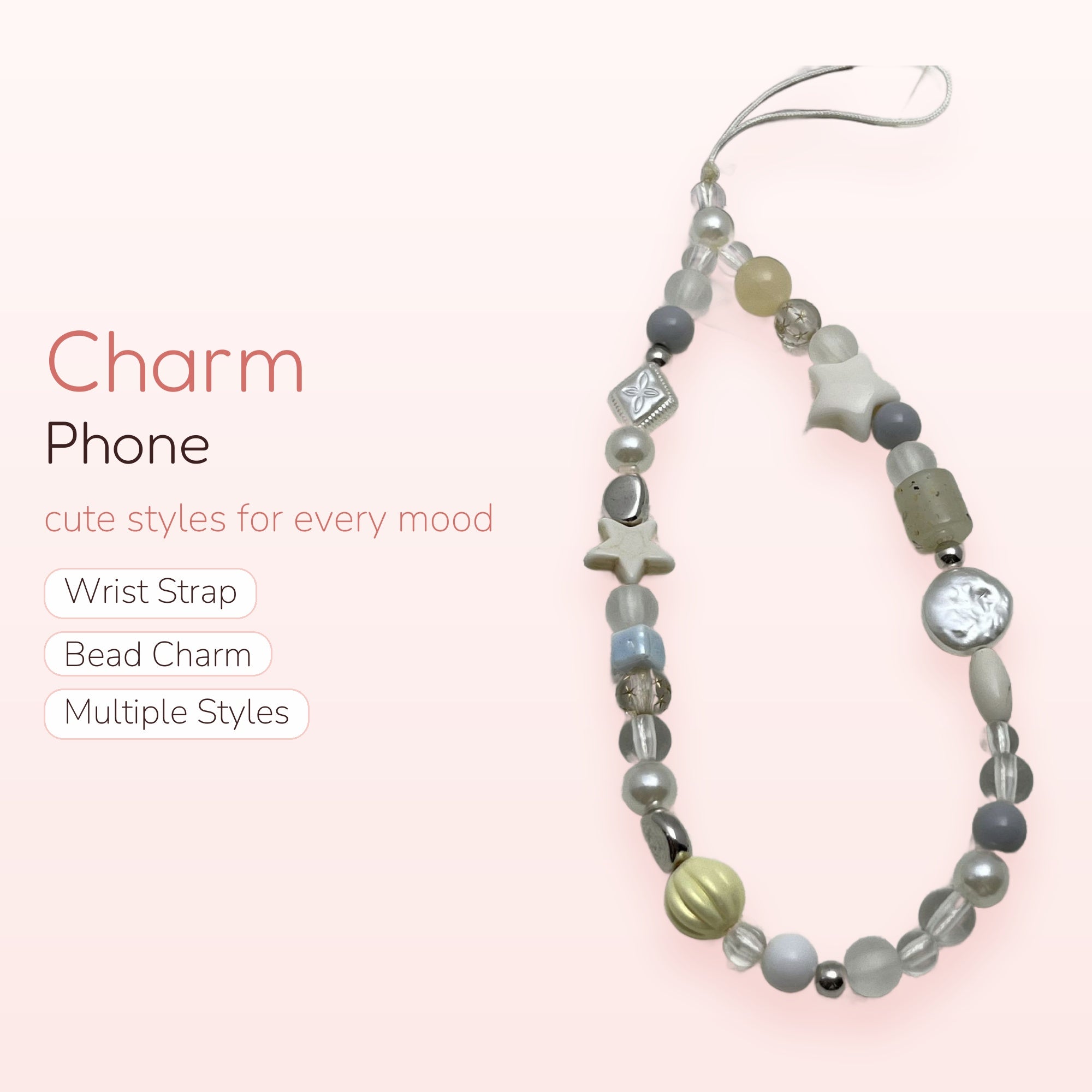 Aesthetic Pastel Beaded Phone Charm Strap | Cute Star & Pearl Wrist Lanyard