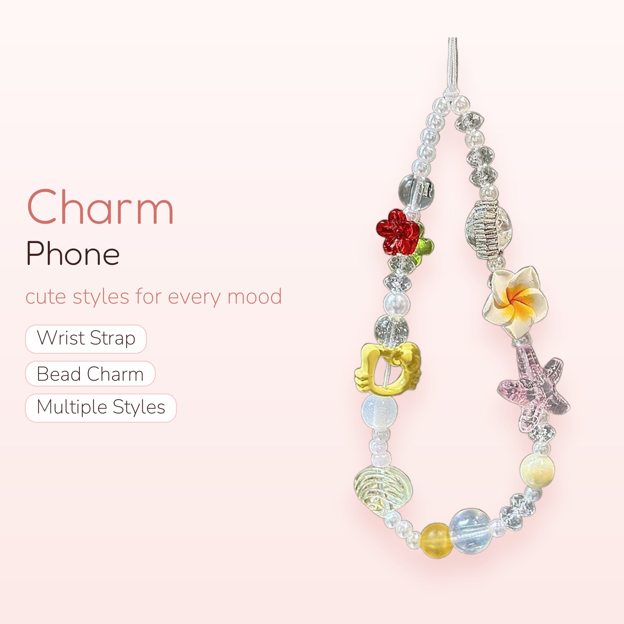 Aesthetic Beaded Phone Charm Strap | Kawaii Flower & Starfish Wrist Lanyard