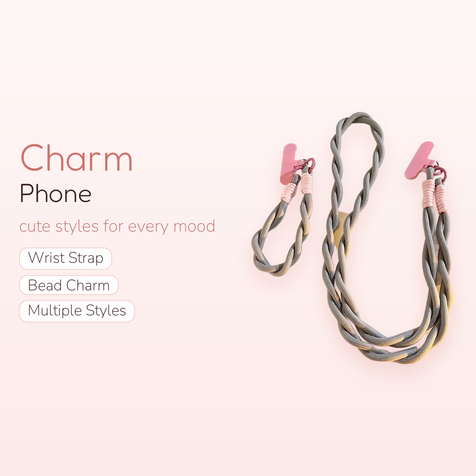 Braided Grey & Pink Phone Lanyard | Cute Wrist Strap for Phone