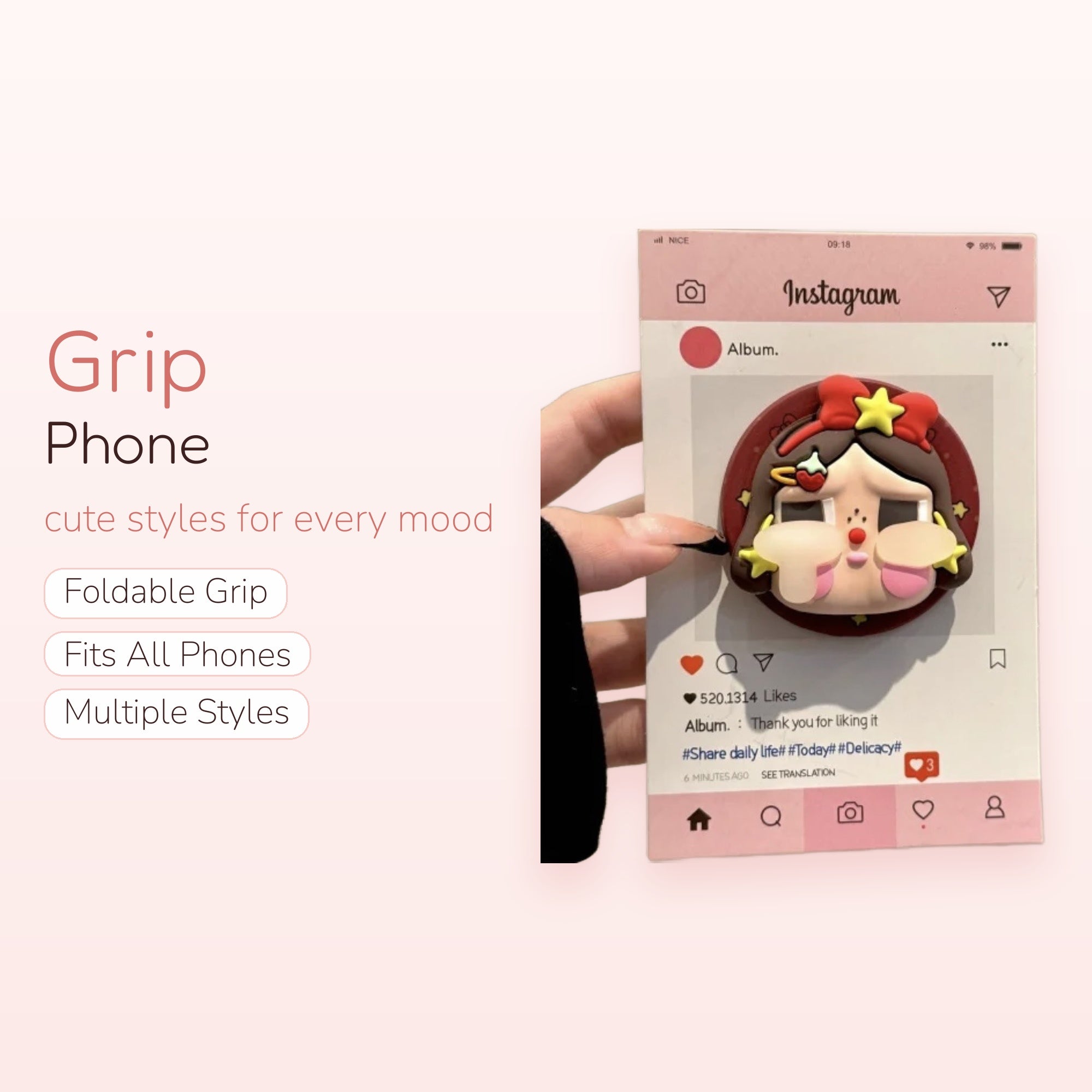 Kawaii Instagram Post Phone Grip | Cute Cartoon Girl Pop Socket Stand