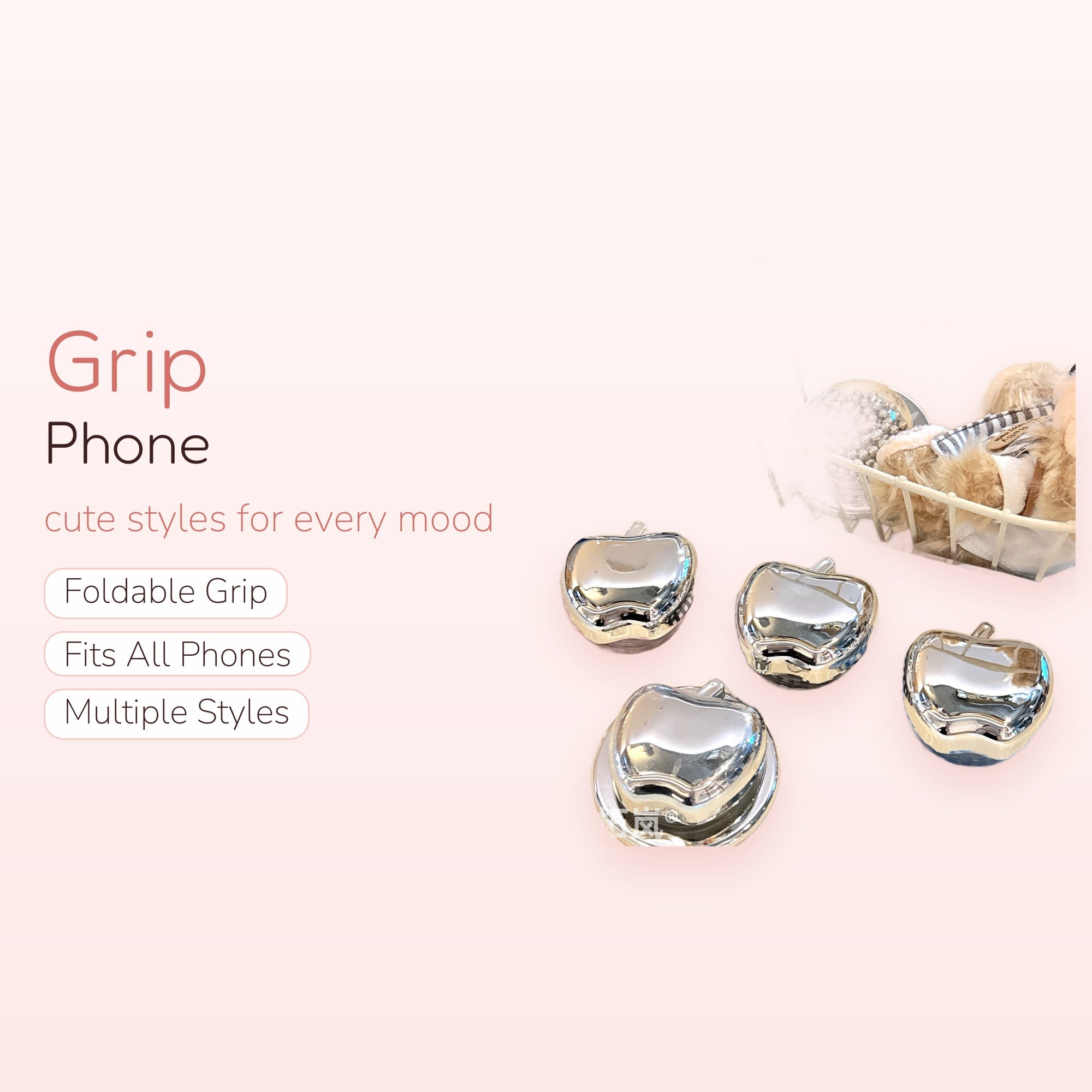 Shiny Silver Apple Phone Grip | Aesthetic Plaid Pop Socket Stand