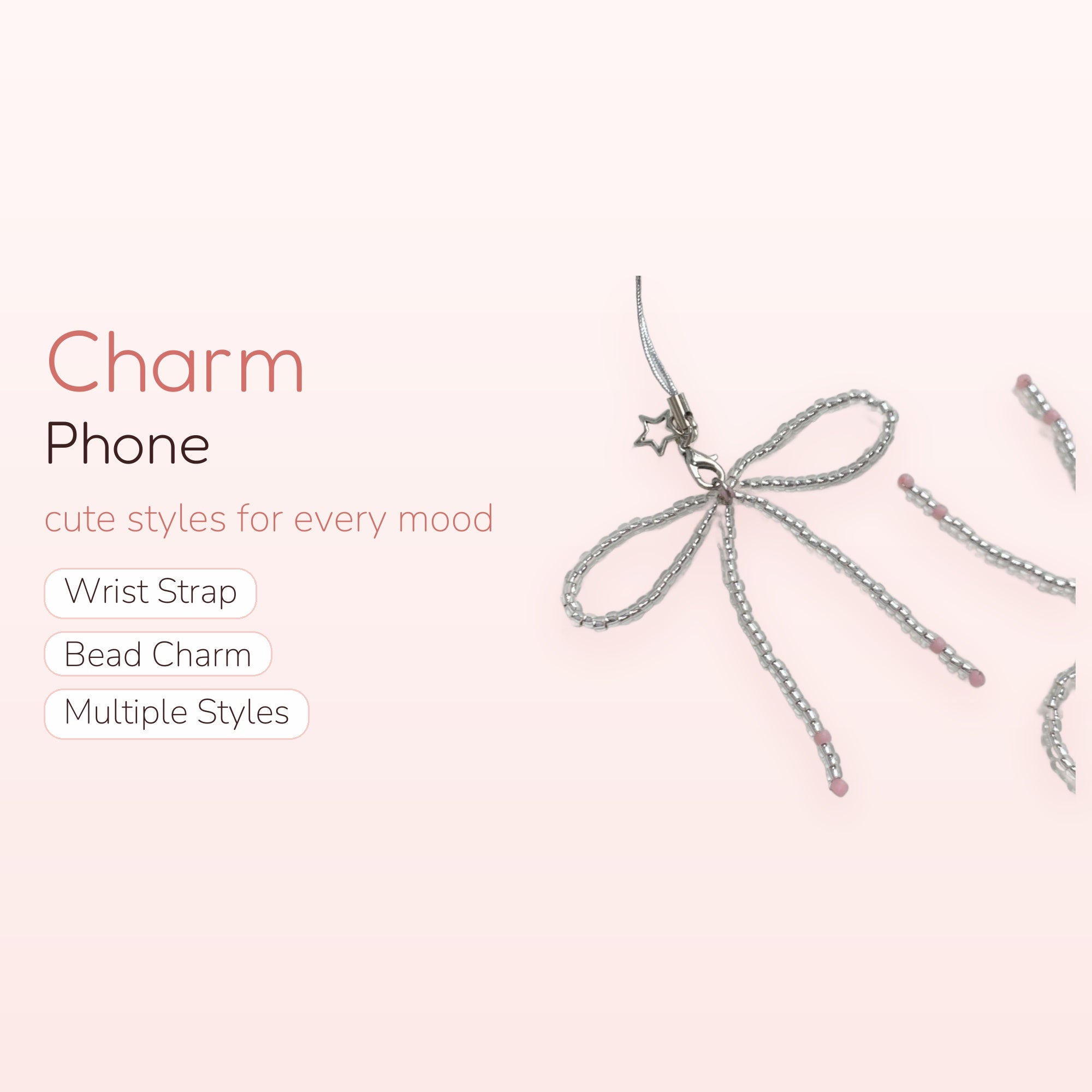 Clear Beaded Bow Phone Charm | Cute Pink Accent Strap
